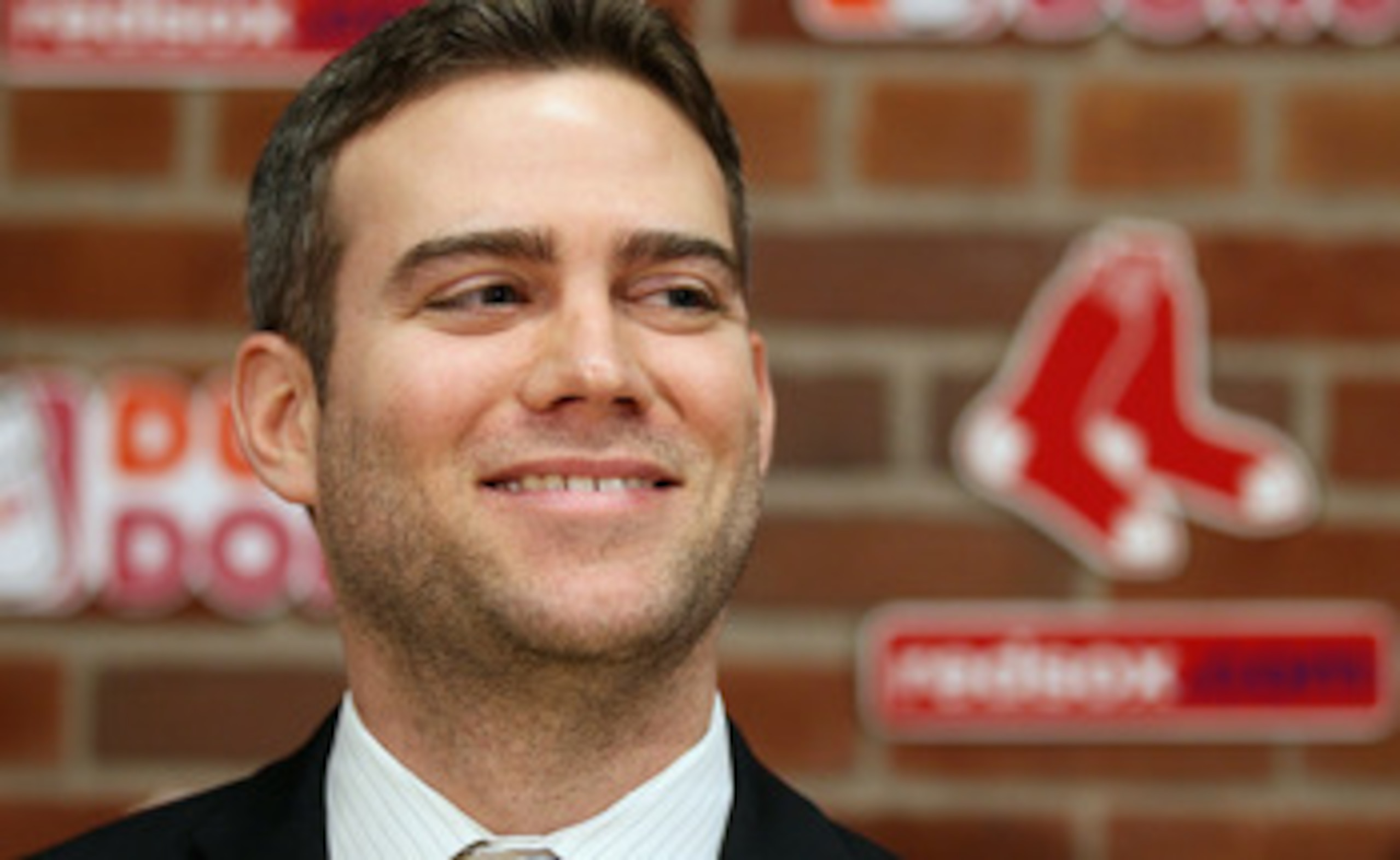 BOSTON, MA - DECEMBER 11:  Theo Epstein, general manager of the Boston Red Sox, answers questions about Carl Crawford during a press conference on December 11,  2010 at the Fenway Park in Boston, Massachusetts.  (Photo by Elsa/Getty Images)