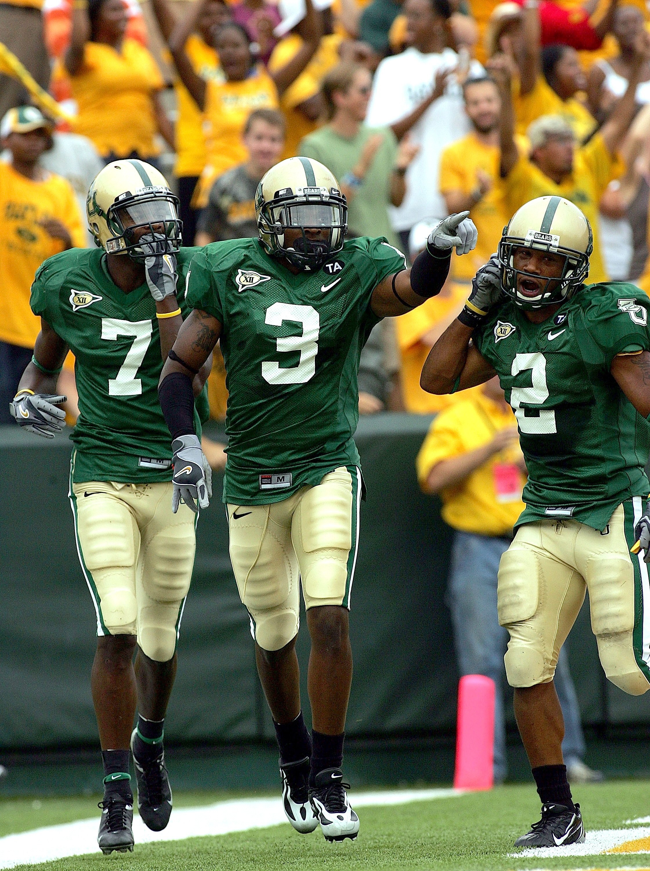 WACO, TX - SEPTEMBER 3:  Wide receiver Mikail Baker #3 of the Baylor Bears celebrates a touchdown during play against the TCU Horned Frogs on September 3, 2006 at Floyd Casey Stadium in Waco, Texas.  (Photo by Ronald Martinez/Getty Images)
