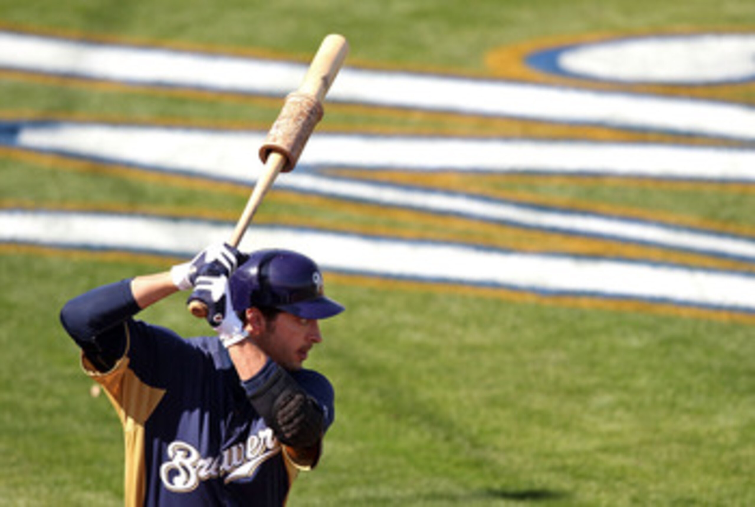 PHOENIX, AZ - MARCH 03:  Ryan Braun #8 of the Milwaukee Brewers warms up on deck during the spring training game against the Oakland Athletics at Maryvale Baseball Park on March 3, 2011 in Phoenix, Arizona.  (Photo by Christian Petersen/Getty Images)