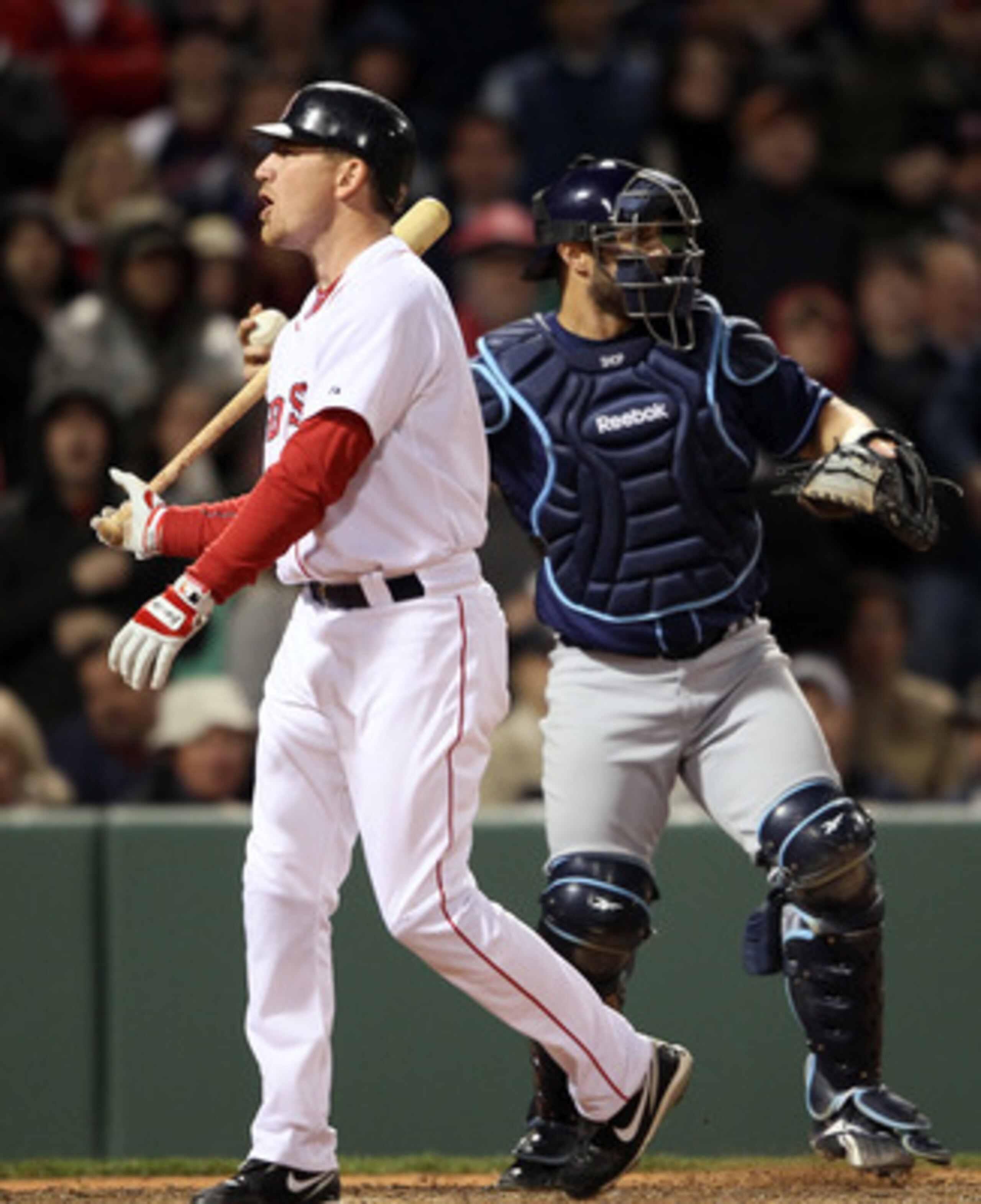 BOSTON, MA - APRIL 12:  J.D. Drew #7 of the Boston Red Sox reacts after he struck out in the bottom of the ninth inning as Kelly Shoppach #10 of the Tampa Bay Rays catches on April 12, 2011 at Fenway Park in Boston, Massachusetts. The Tampa Bay Rays defea