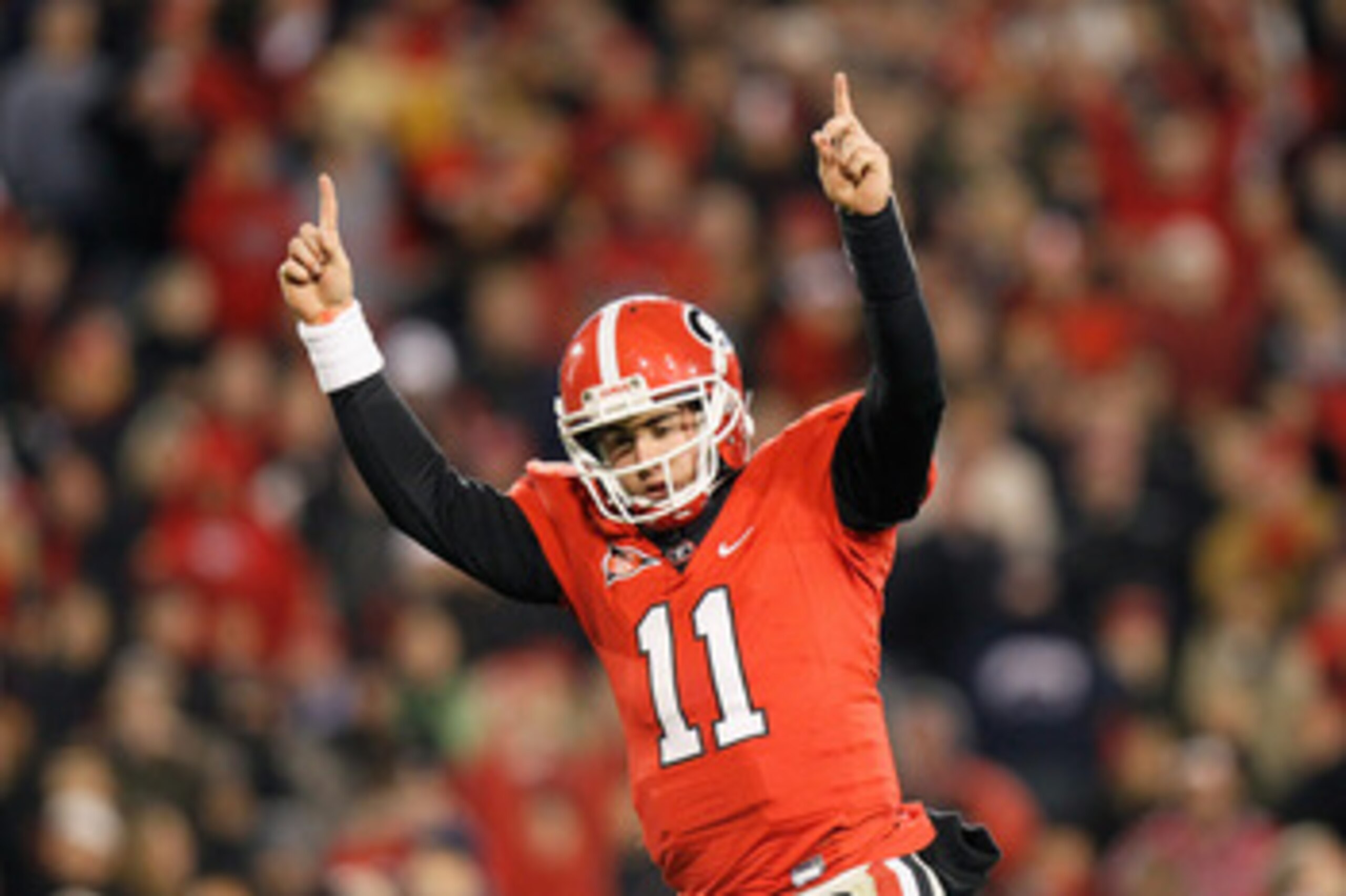 ATHENS, GA - NOVEMBER 27:  Quarterback Aaron Murray #11 of the Georgia Bulldogs reacts after scoring a touchdown against the Georgia Tech Yellow Jackets at Sanford Stadium on November 27, 2010 in Athens, Georgia.  (Photo by Kevin C. Cox/Getty Images)
