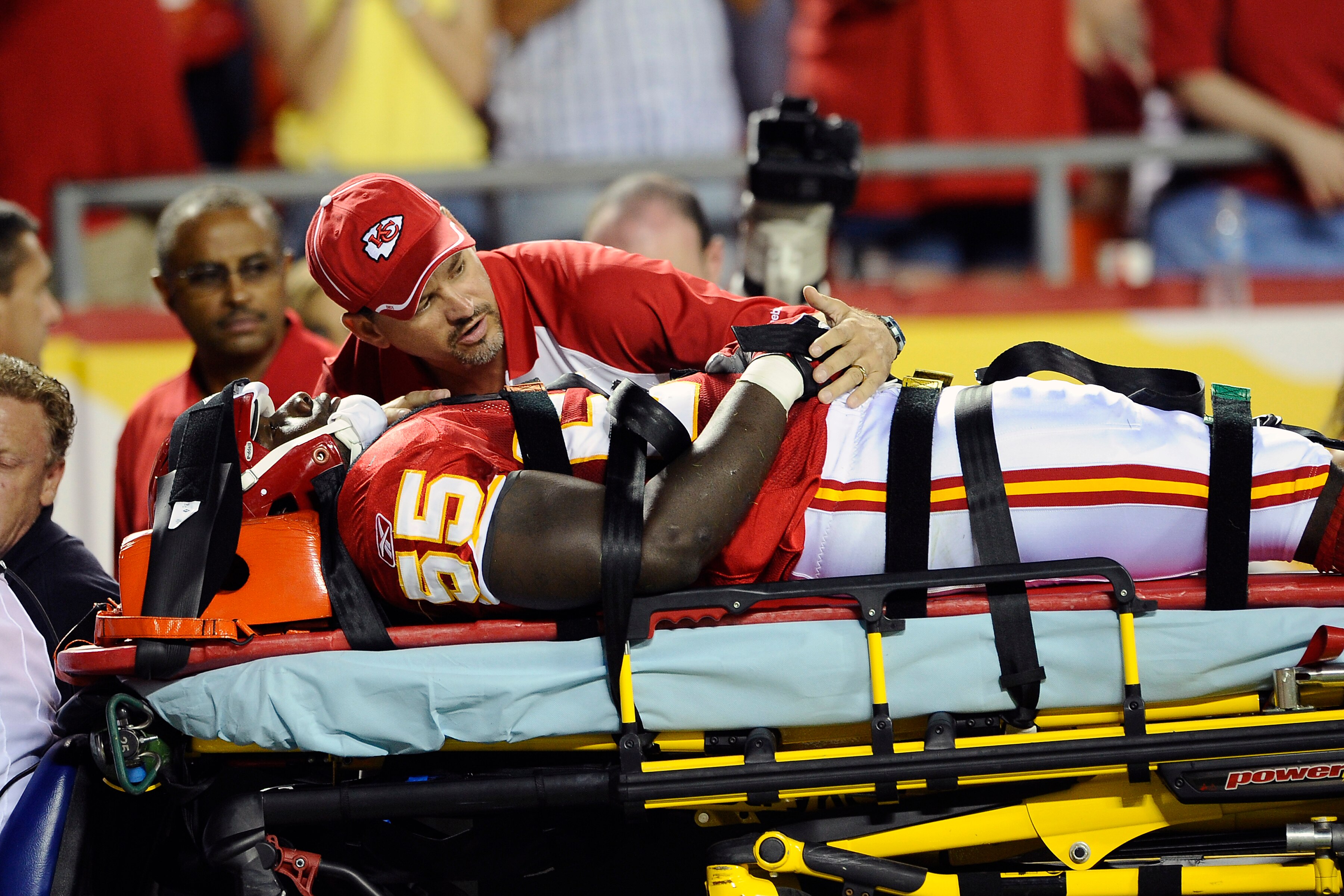 KANSAS CITY, MO - AUGUST 27: Cameron Sheffield #55 of the Kansas City Chiefs is carted off the field after suffering an injury during a preseason game against the Philadelphia Eagles at Arrowhead Stadium on August 27, 2010 in Kansas City, Missouri.  (Phot