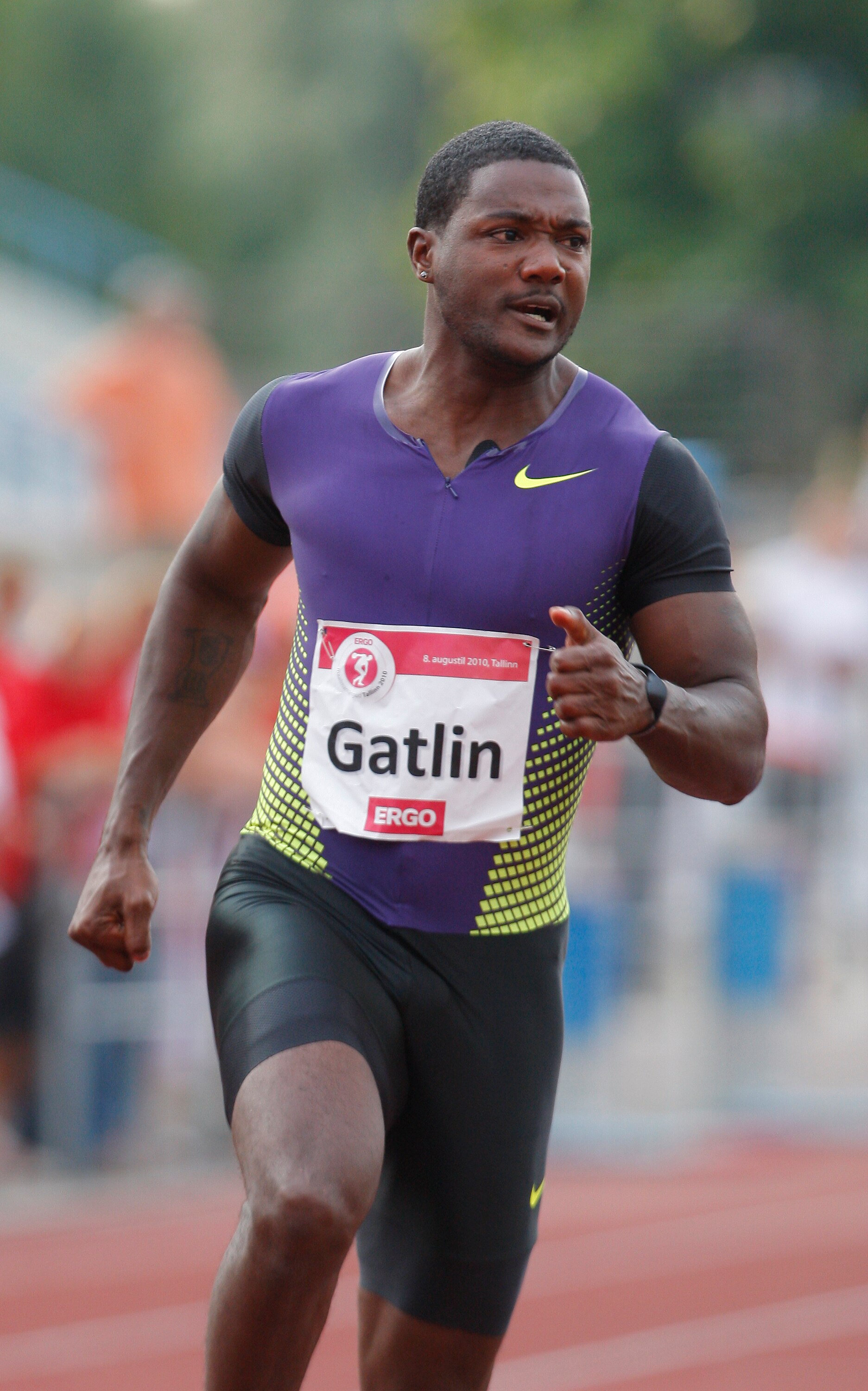 TALLINN, ESTONIA Ð AUGUST 8 :  Sprinter Justin Gatlin of US in action during the ERGO World Games Tallinn 2010, his second competitive race after serving a four year drugs ban at The Kadrioru Stadium on August 8, 2010 in Tallinn, Estonia. (Photo by Joosep