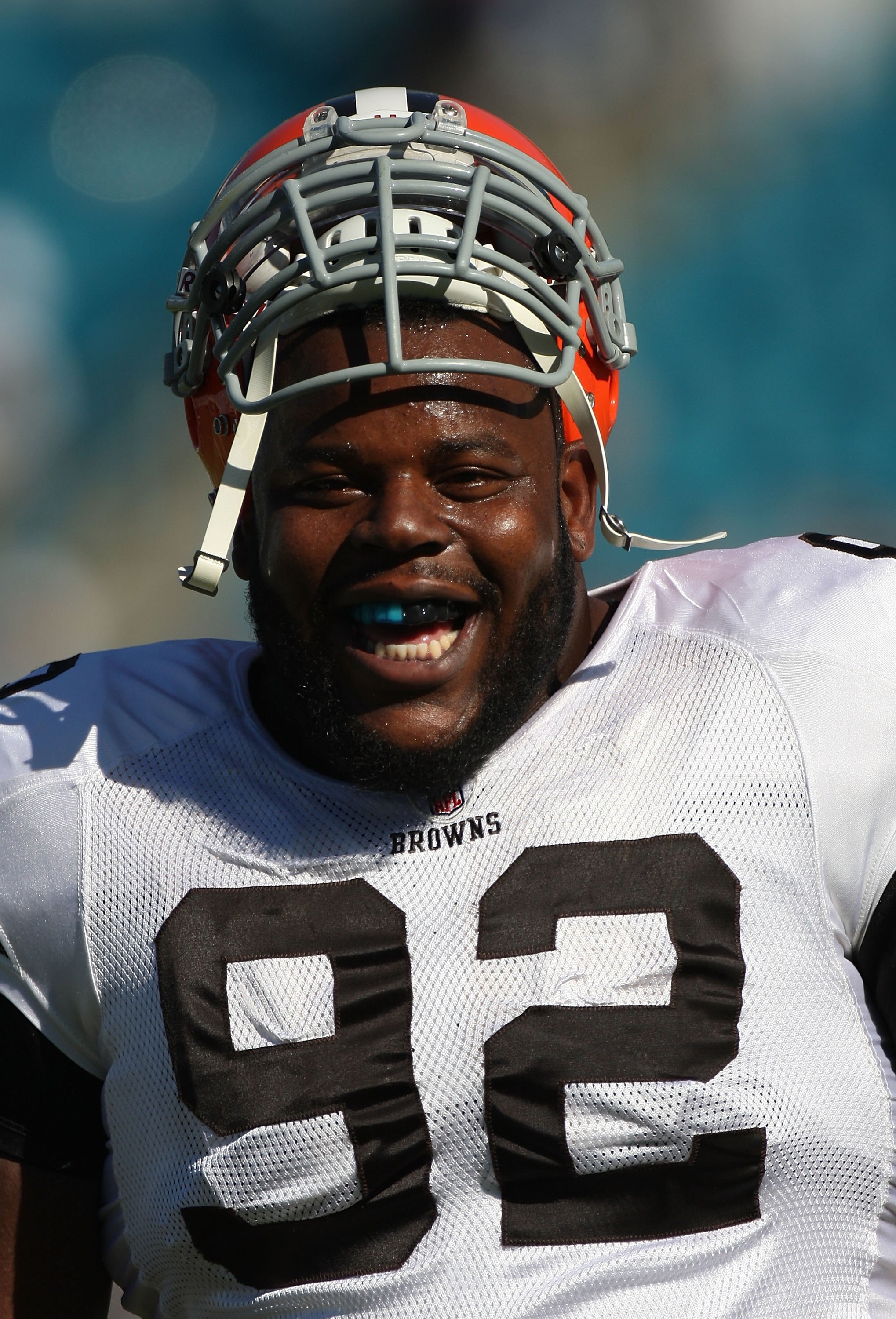 JACKSONVILLE, FL - OCTOBER 26:  Shaun Rogers #92 of the Cleveland Browns prior to a game against the Jacksonville Jaguars at Jacksonville Muncipal Stadium on October 26, 2008 in Jacksonville, Florida.  (Photo by Sam Greenwood/Getty Images)