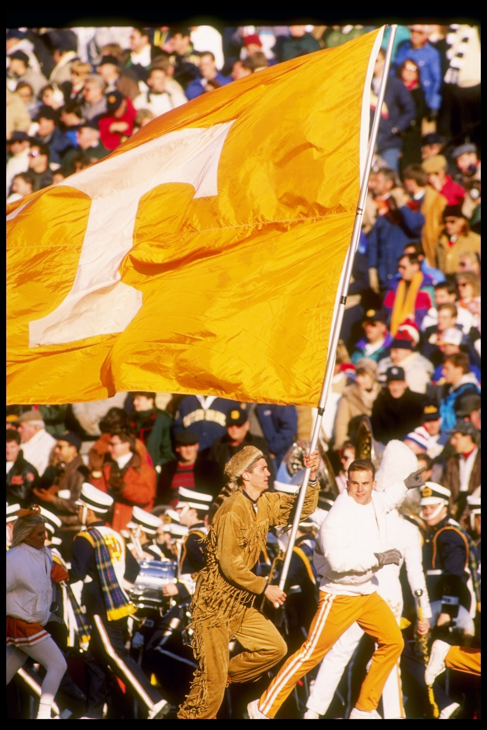 General view of the flag of the Tennessee Volunteers during a game against the Notre Dame Fighting Irish at Notre Dame Stadium in South Bend, Indiana.