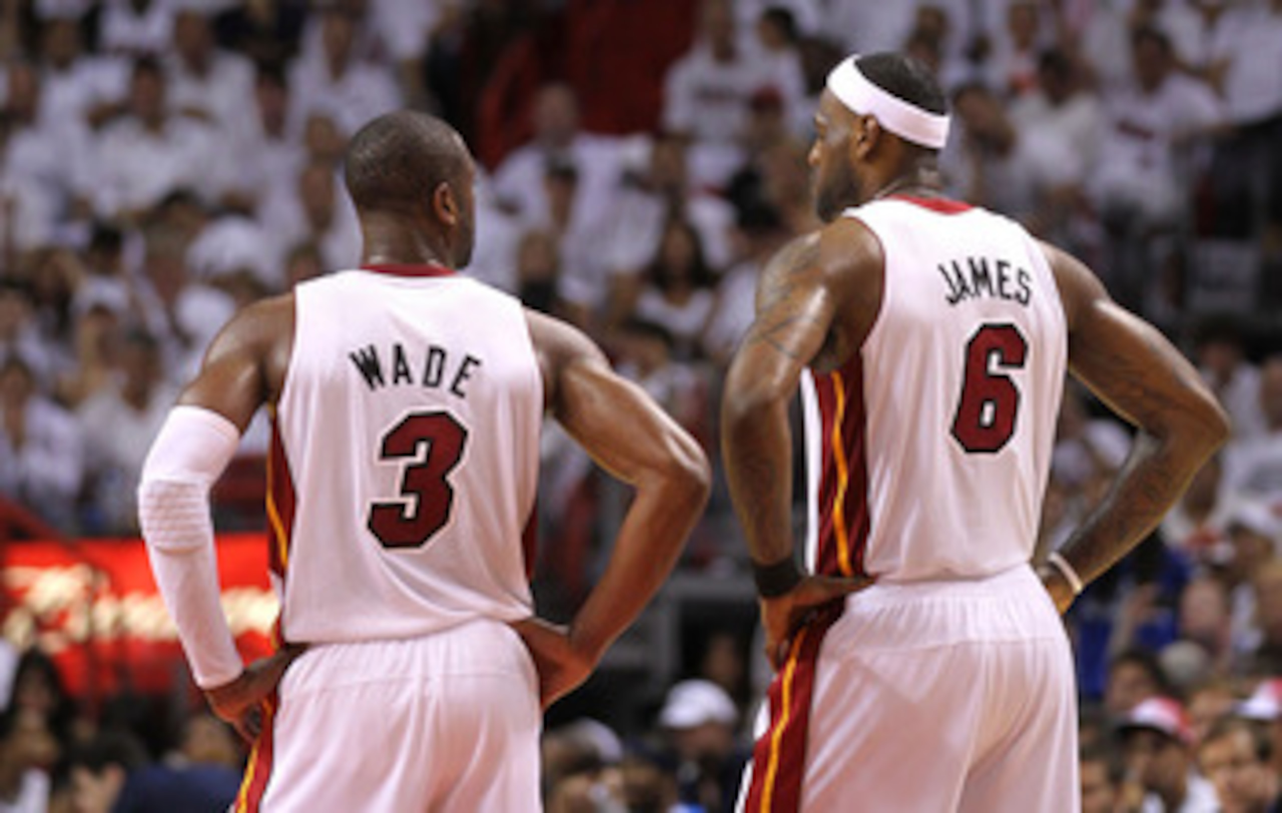 MIAMI, FL - JUNE 02: (L-R) Dwyane Wade #3 and LeBron James #6 of the Miami Heat stand on the court against the Dallas Mavericks in Game Two of the 2011 NBA Finals at American Airlines Arena on June 2, 2011 in Miami, Florida. NOTE TO USER: User expressly a