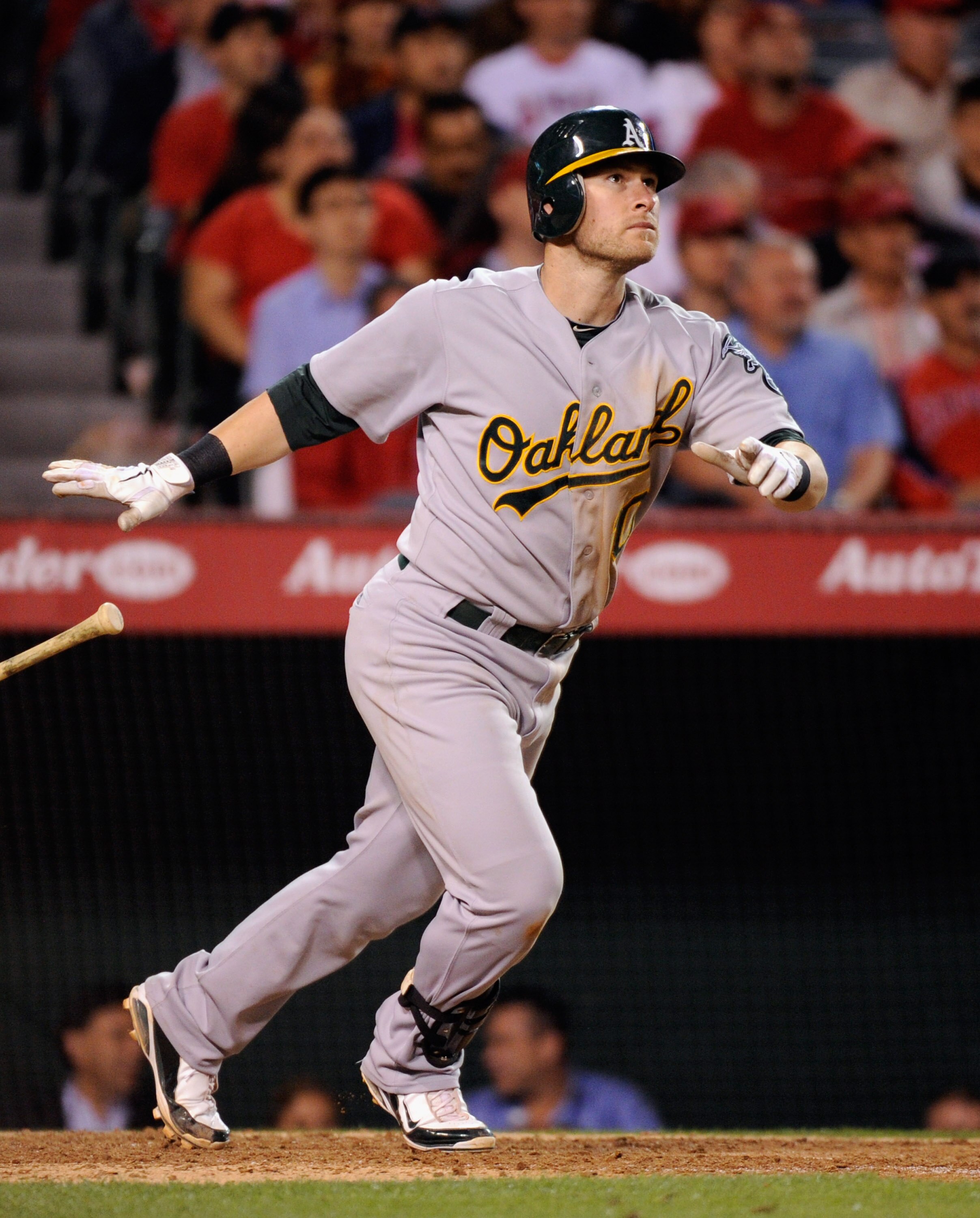 ANAHEIM, CA - MAY 25:Daric Barton #10 of the Oakland Athletics at bat during the baseball game against the Los Angeles Angels of Anaheim at Angel Stadium of Anaheim on May 25, 2011 in Anaheim, California.  (Photo by Kevork Djansezian/Getty Images)