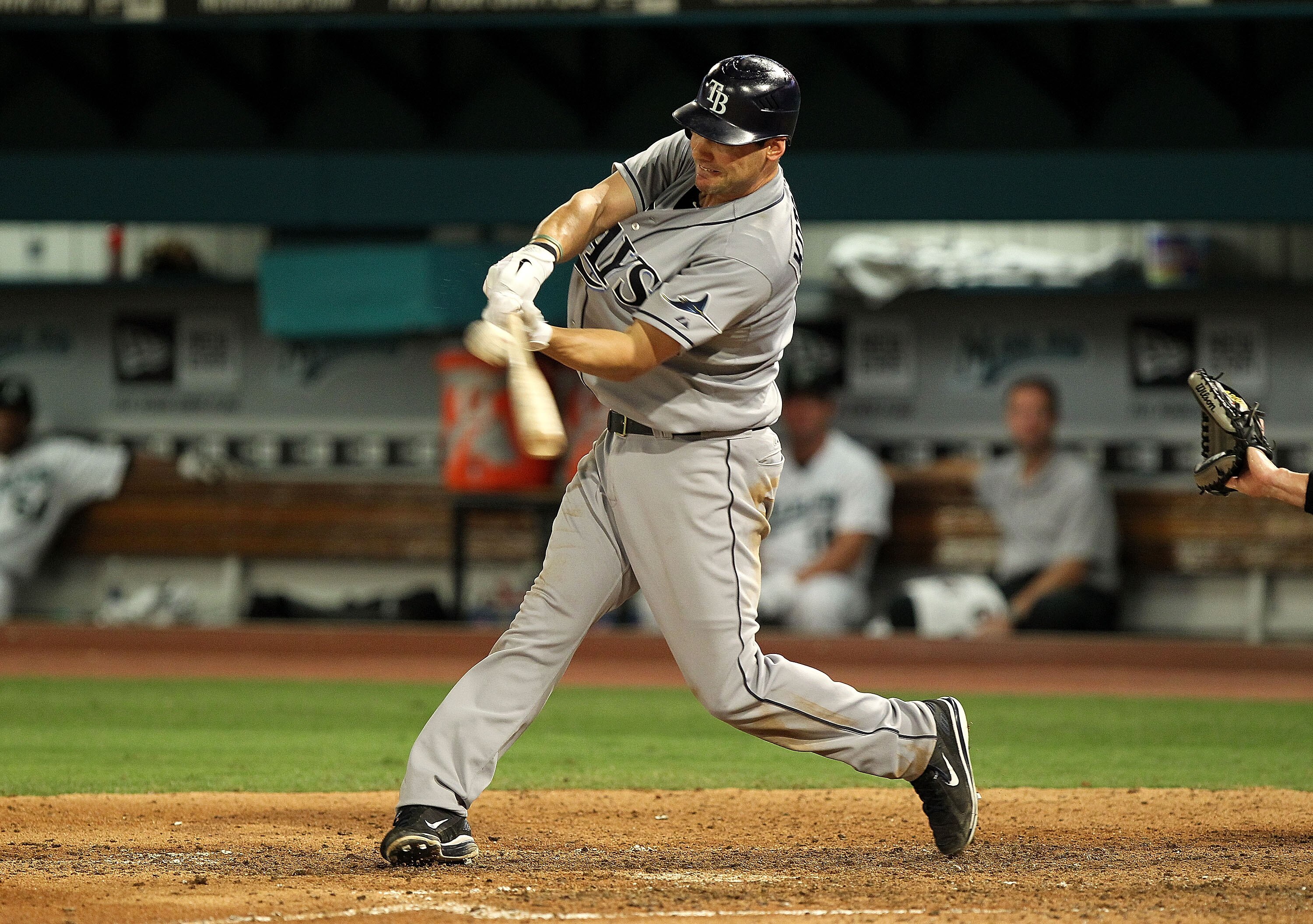 MIAMI GARDENS, FL - MAY 20: Casey Kotchman #11 of the Tampa Bay Rays hits an RBI single  during a game against the Florida Marlins  at Sun Life Stadium on May 20, 2011 in Miami Gardens, Florida.  (Photo by Mike Ehrmann/Getty Images)
