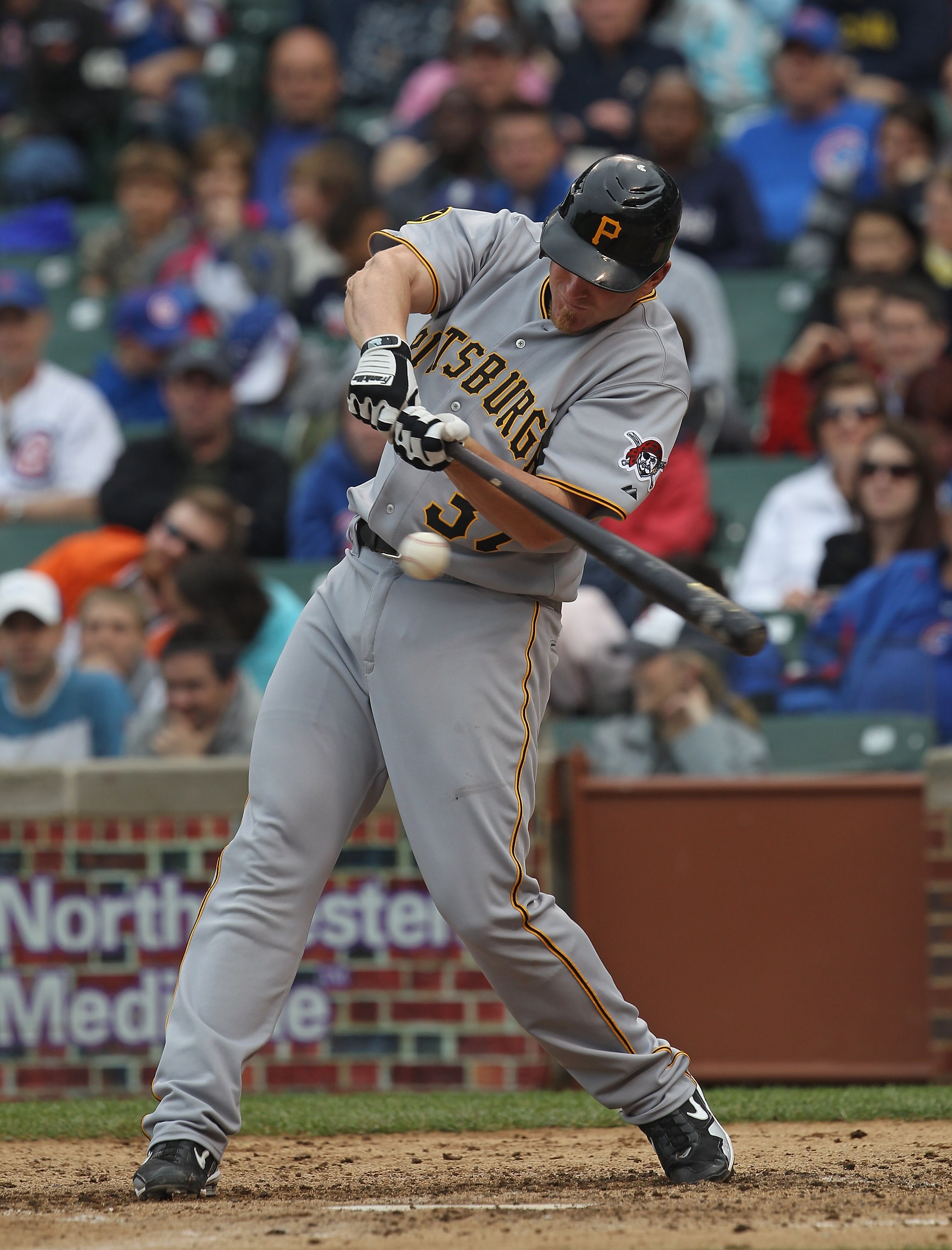 CHICAGO, IL - MAY 29:  Lyle Overbay #37 of the Pittsburgh Pirates takes a swing against the Chicago Cubs at Wrigley Field on May 29, 2011 in Chicago, Illinois. The Cubs defeated the Pirates 3-2.  (Photo by Jonathan Daniel/Getty Images)