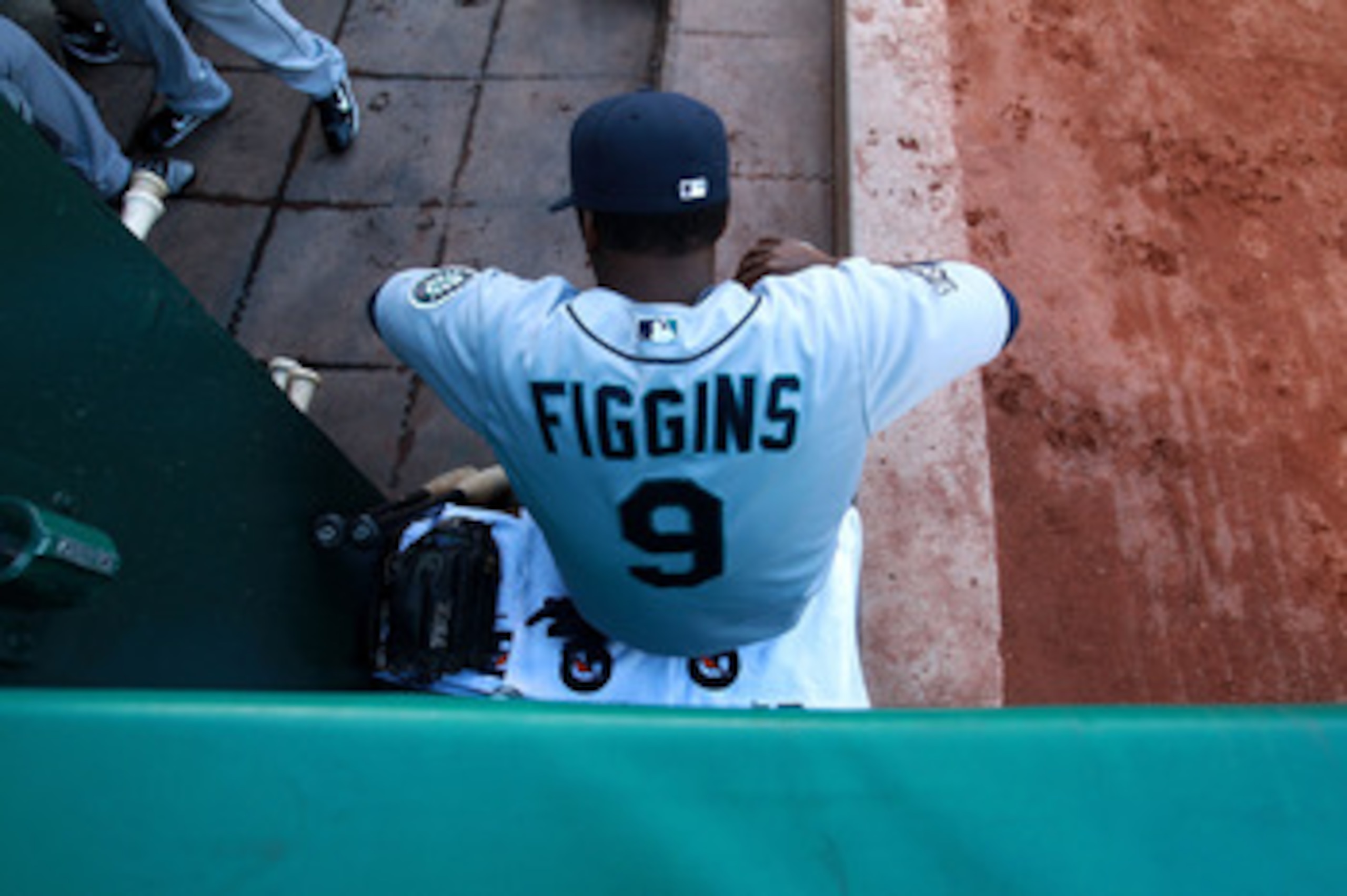 OAKLAND, CA - APRIL 02:  Chone Figgins #9 of the Seattle Mariners looks on prior to his game against the Oakland Athletics during a Major League Baseball game at the Oakland-Alameda County Coliseum on April 2, 2011 in Oakland, California.  (Photo by Jed J