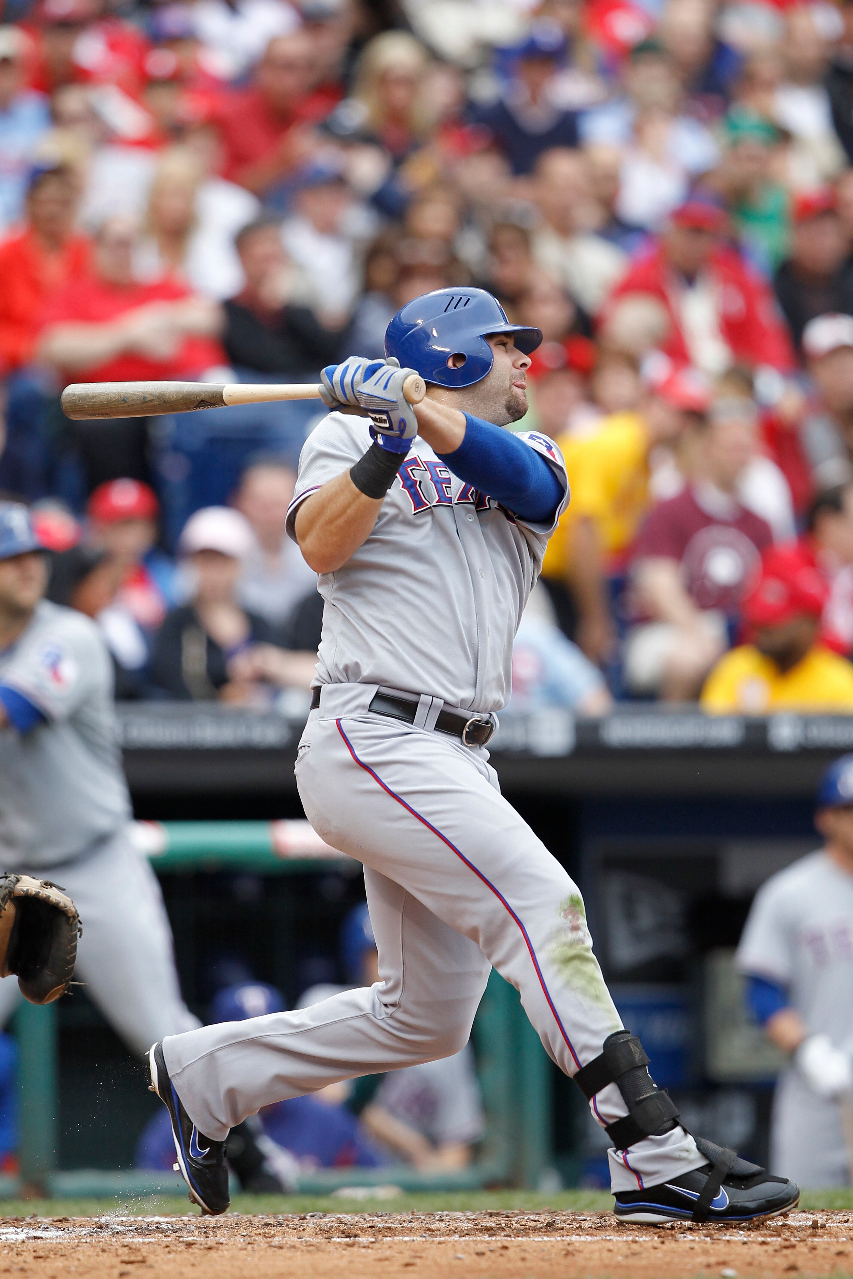 PHILADELPHIA, PA - MAY 22: Mitch Moreland #18 of the Texas Rangers doubles off the outfield wall in the sixth inning to drive in a run against the Philadelphia Phillies at Citizens Bank Park on May 22, 2011 in Philadelphia, Pennsylvania. The Rangers won 2