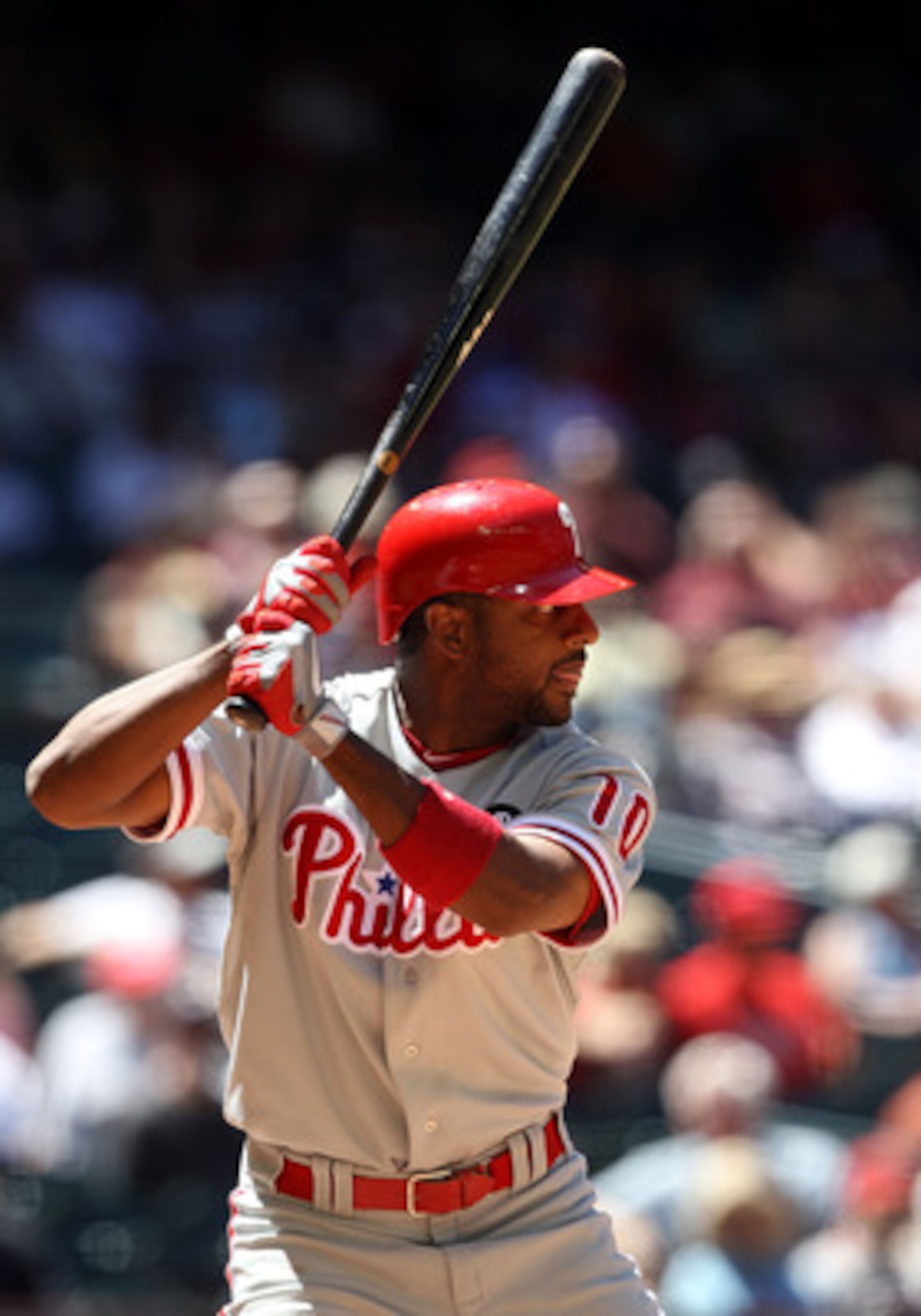PHOENIX, AZ - APRIL 27:  Ben Francisco #10 of the Philadelphia Phillies bats against the Arizona Diamondbacks during the Major League Baseball game at Chase Field on April 27, 2011 in Phoenix, Arizona.  The Phillies defeated the Diamondbacks 8-4.  (Photo 