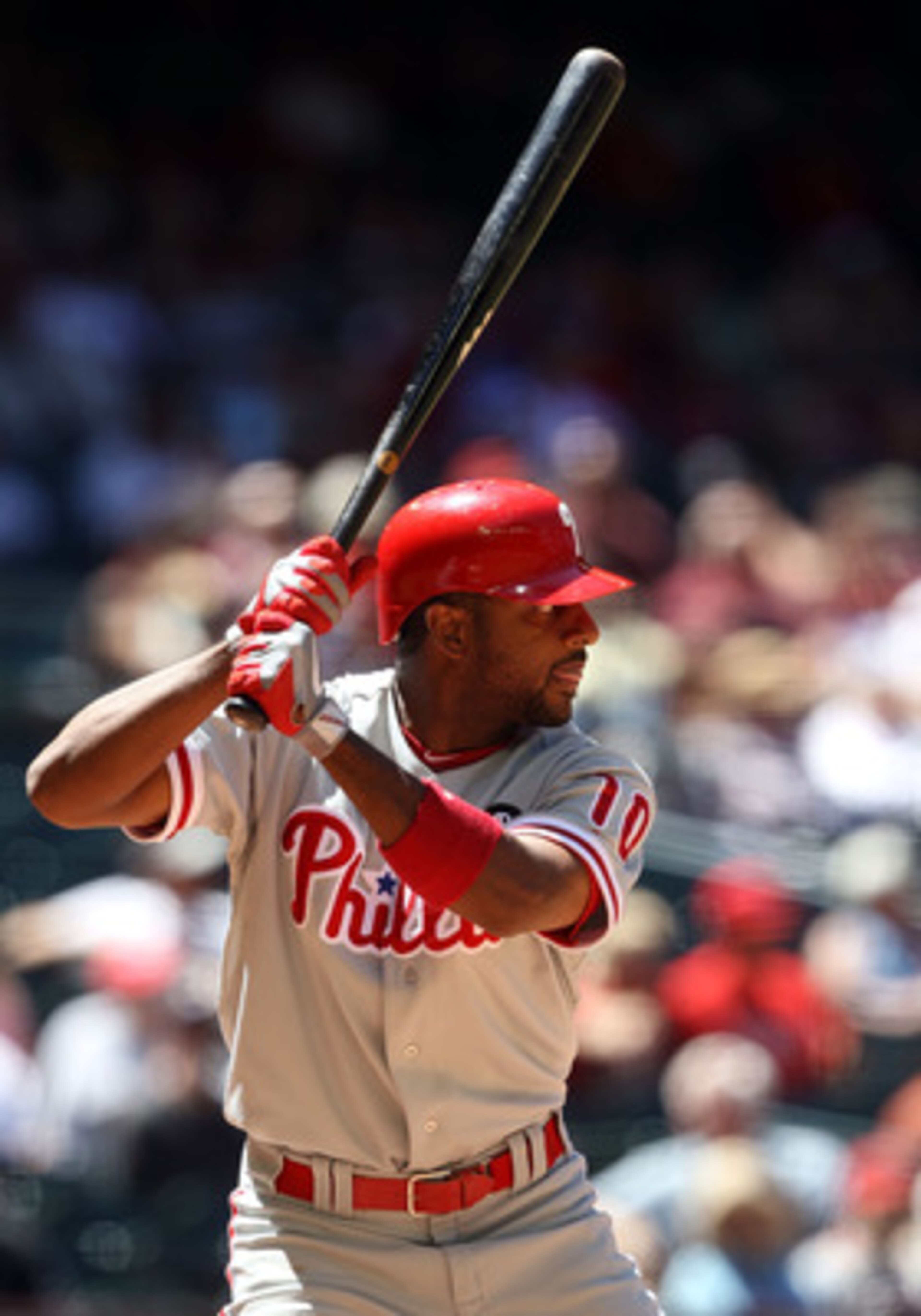 PHOENIX, AZ - APRIL 27: Ben Francisco #10 of the Philadelphia Phillies bats against the Arizona Diamondbacks during the Major League Baseball game at Chase Field on April 27, 2011 in Phoenix, Arizona. The Phillies defeated the Diamondbacks 8-4. (Photo PHOENIX, AZ - APRIL 27: Ben Francisco #10 of the Philadelphia Phillies bats against the Arizona Diamondbacks during the Major League Baseball game at Chase Field on April 27, 2011 in Phoenix, Arizona. The Phillies defeated the Diamondbacks 8-4. (Photo
