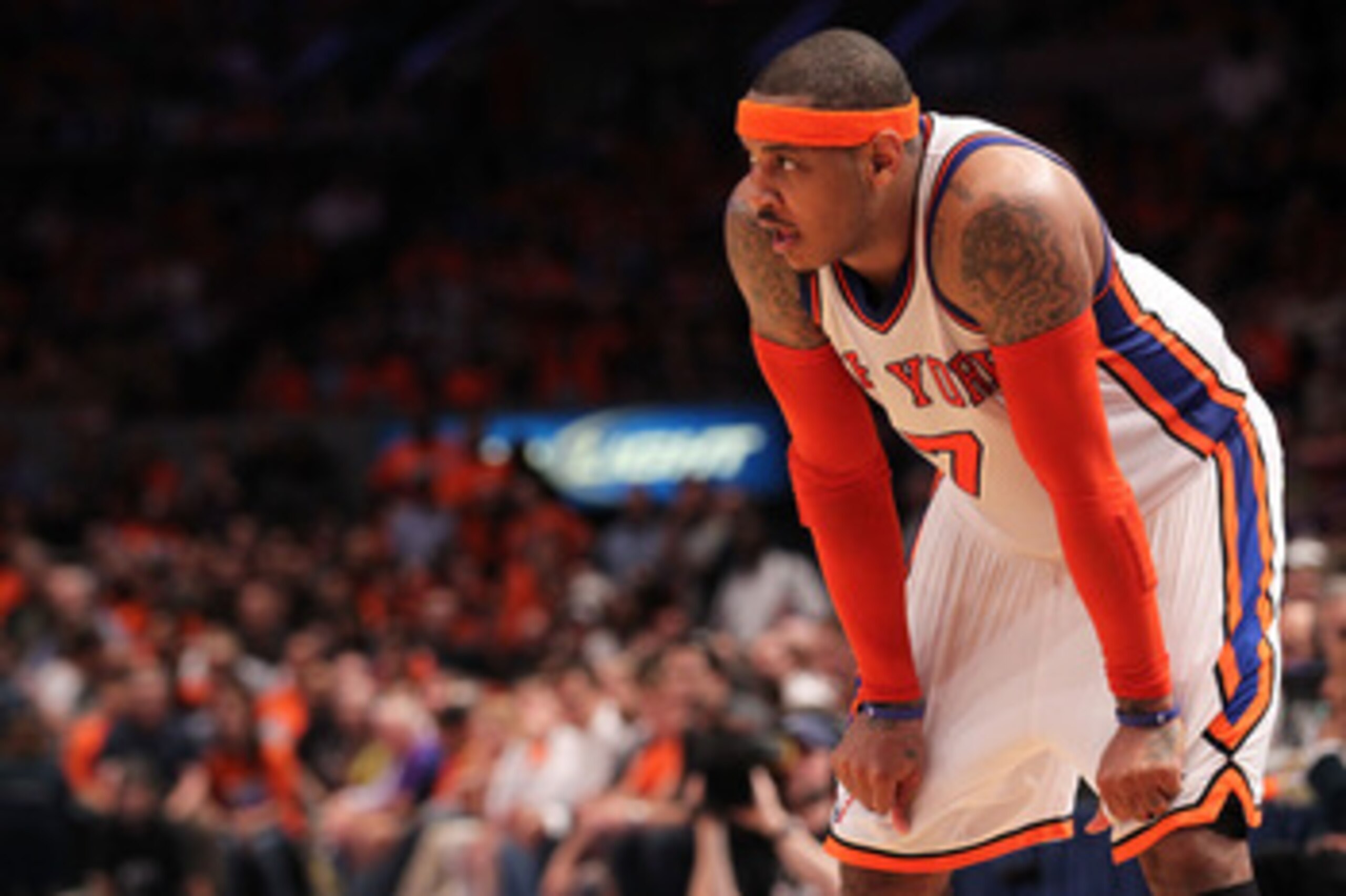 NEW YORK, NY - APRIL 24:  Carmelo Anthony #7 of the New York Knicks looks on against the Boston Celtics in Game Four of the Eastern Conference Quarterfinals during the 2011 NBA Playoffs on April 24, 2011 at Madison Square Garden in New York City. NOTE TO