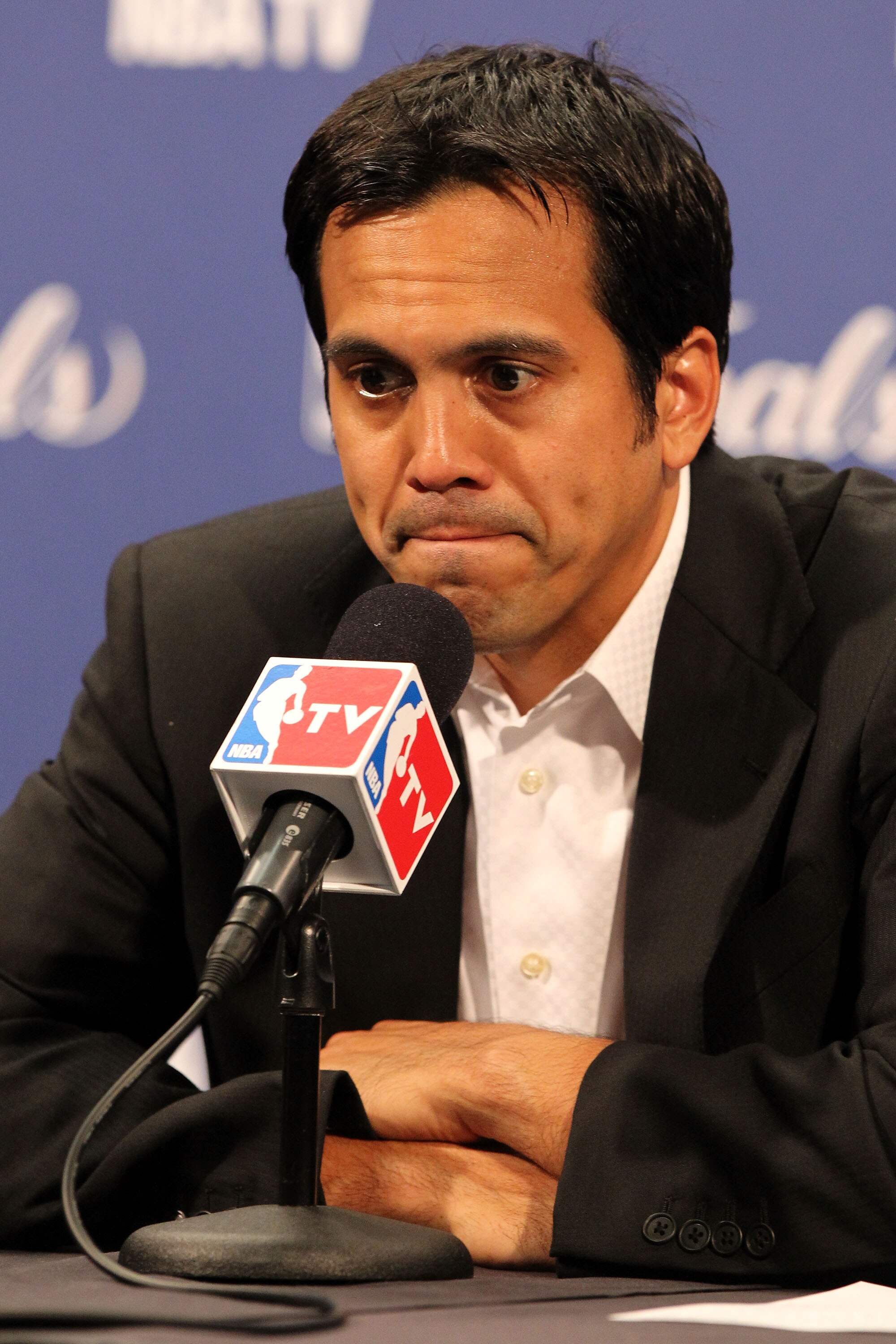 MIAMI, FL - JUNE 02:  Head coach Erik Spoelstra of the Miami Heat addresses the media after the Dallas Mavericks defeat the Heat 95-93 in Game Two of the 2011 NBA Finals at American Airlines Arena on June 2, 2011 in Miami, Florida. NOTE TO USER: User expr