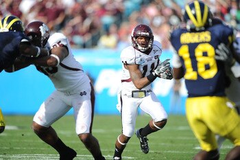 JACKSONVILLE, FL - JANUARY 01:  Ricco Sanders #11 of the Mississippi State Bulldogs rushes against the Michigan Wolverines during the Gator Bowl at EverBank Field on January 1, 2011 in Jacksonville, Florida  (Photo by Rick Dole/Getty Images)
