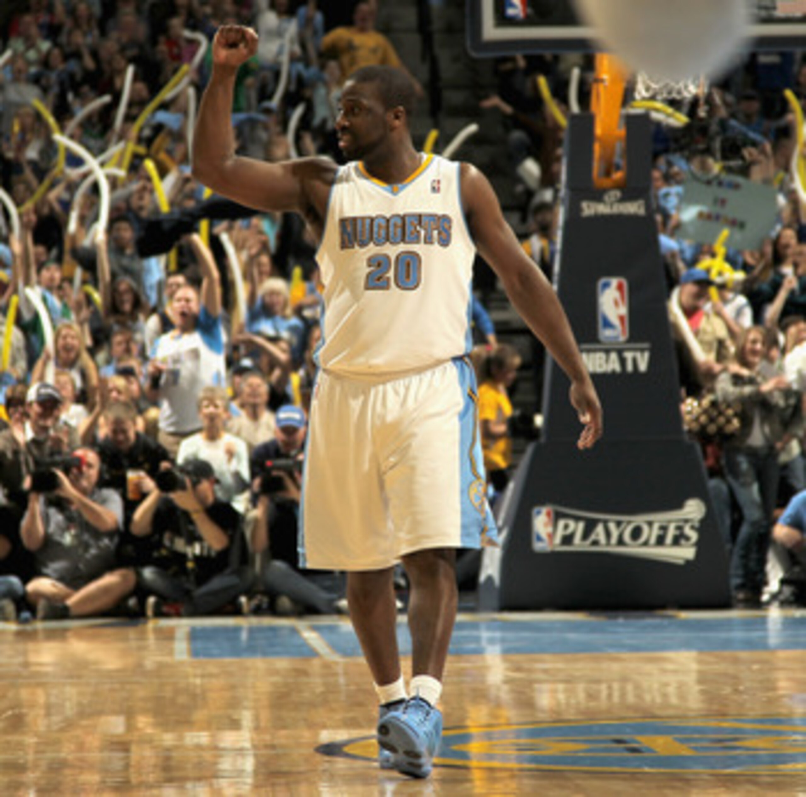 DENVER, CO - APRIL 25:  Raymond Felton #20 of the Denver Nuggets celebrates late in the fourth quarter against the Oklahoma City Thunder in Game Four of the Western Conference Quarterfinals in the 2011 NBA Playoffs on April 24, 2011 at the Pepsi Center in