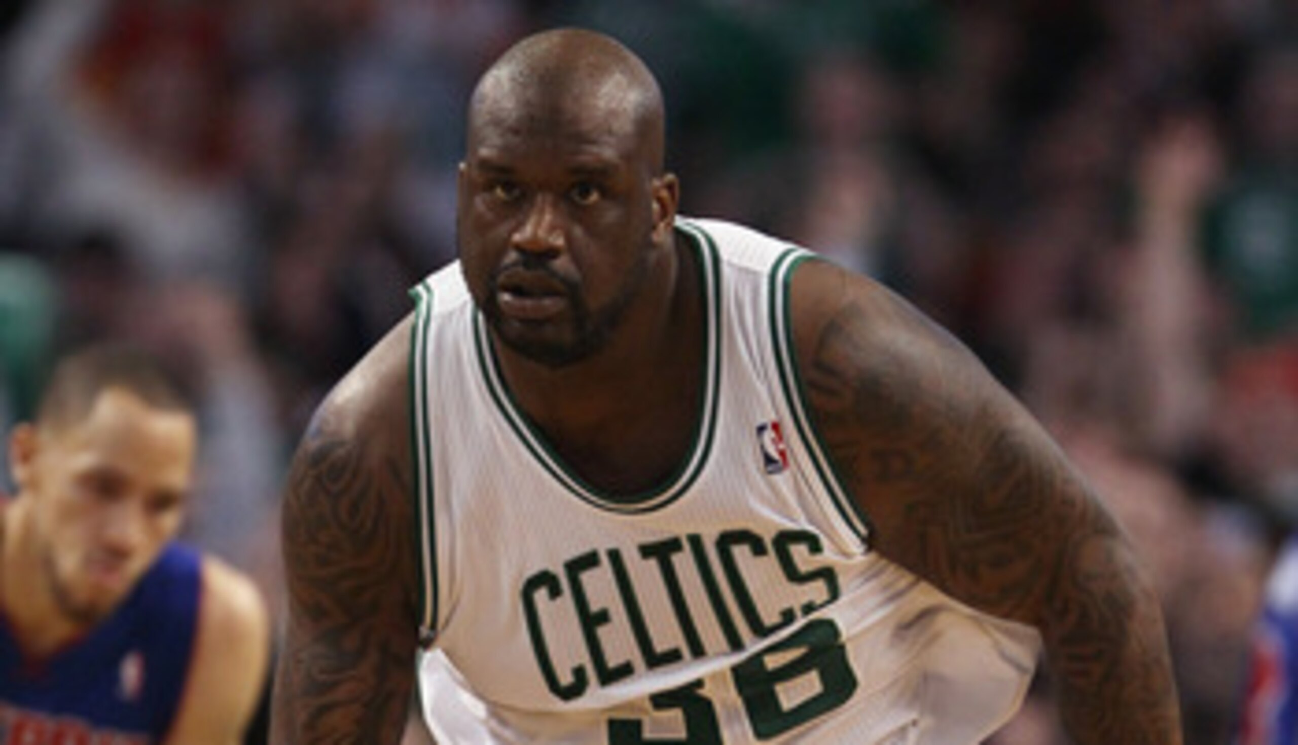 BOSTON, MA - JANUARY 19:  Shaquille O'Neal #36 of the Boston Celtics celebrates in the fourth quarter against the Detroit Pistons on January 19, 2011 at the TD Garden in Boston, Massachusetts. The Celtics defeated the Pistons 86-82. NOTE TO USER: User exp