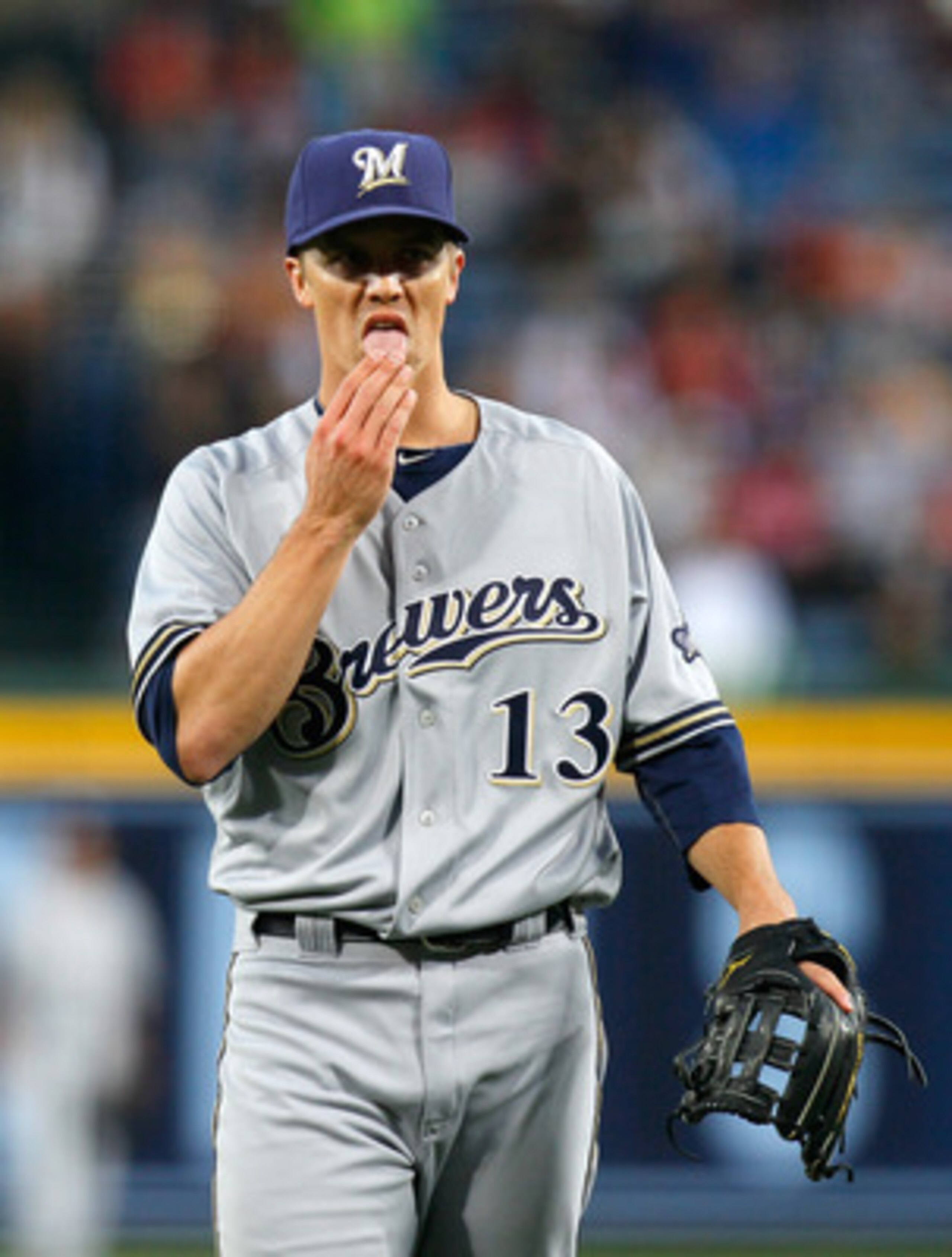 ATLANTA, GA - MAY 04:  Zack Greinke #13 of the Milwaukee Brewers pitches in the first inning against the Atlanta Braves at Turner Field on May 4, 2011 in Atlanta, Georgia.  (Photo by Kevin C. Cox/Getty Images)