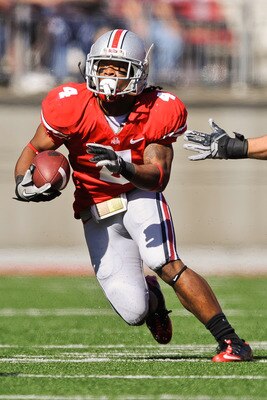 COLUMBUS, OH - OCTOBER 9:  Jaamal Berry #4 of the Ohio State Buckeyes runs with the ball against the Indiana Hoosiers at Ohio Stadium on October 9, 2010 in Columbus, Ohio.  (Photo by Jamie Sabau/Getty Images)