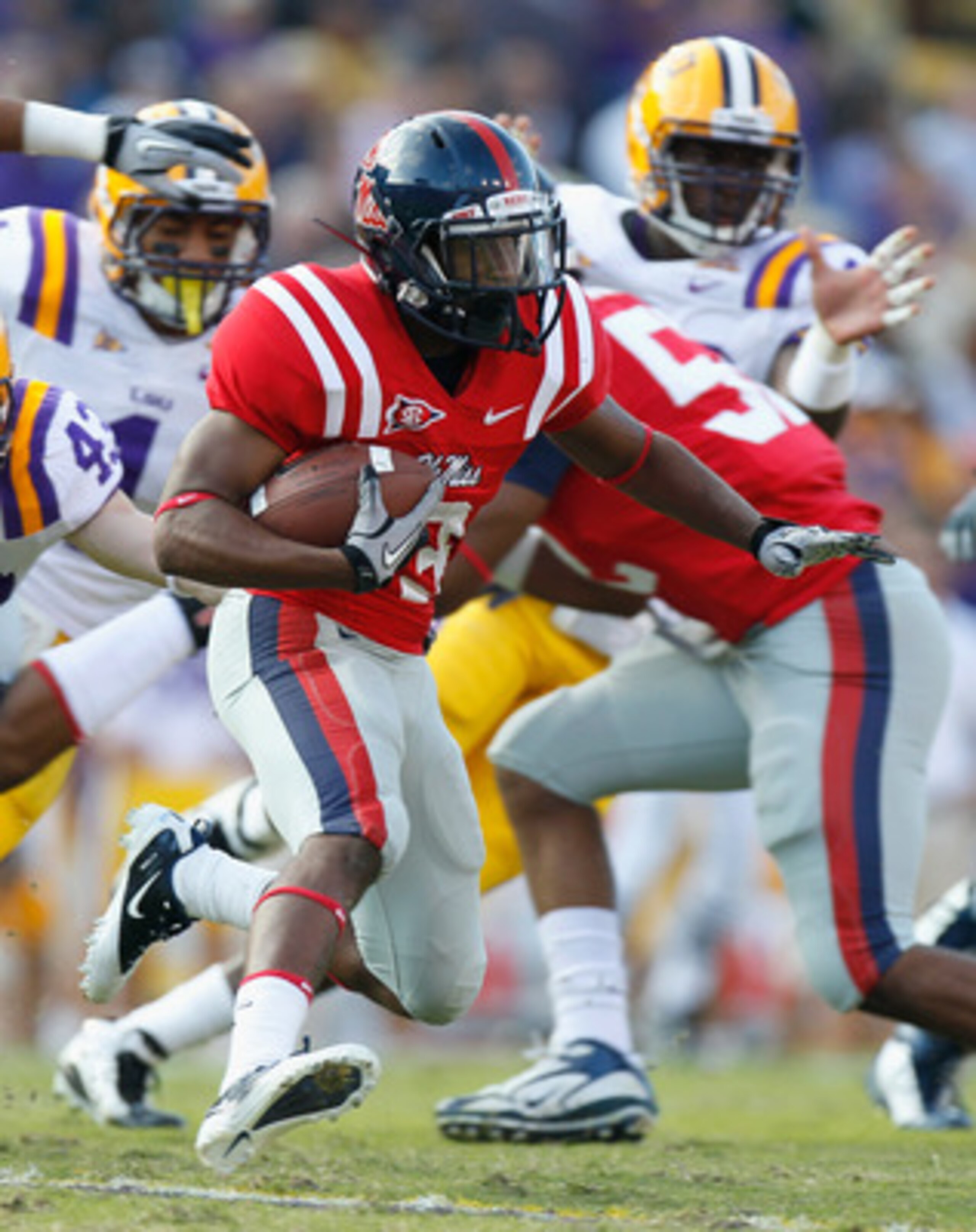 BATON ROUGE, LA - NOVEMBER 20:  Jeff Scott #3 of the Ole Miss Rebels against the Louisiana State University Tigers at Tiger Stadium on November 20, 2010 in Baton Rouge, Louisiana.  (Photo by Kevin C. Cox/Getty Images)