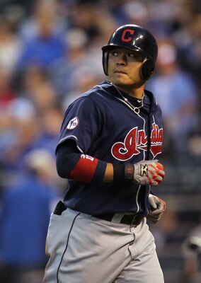 KANSAS CITY, MO - MAY 16:  Shin-Soo Choo #17 of the Cleveland Indians jogs back to the dugout after flying out during the 4th inning of the game against the Kansas City Royals on May 16, 2011 at Kauffman Stadium in Kansas City, Missouri.  (Photo by Jamie