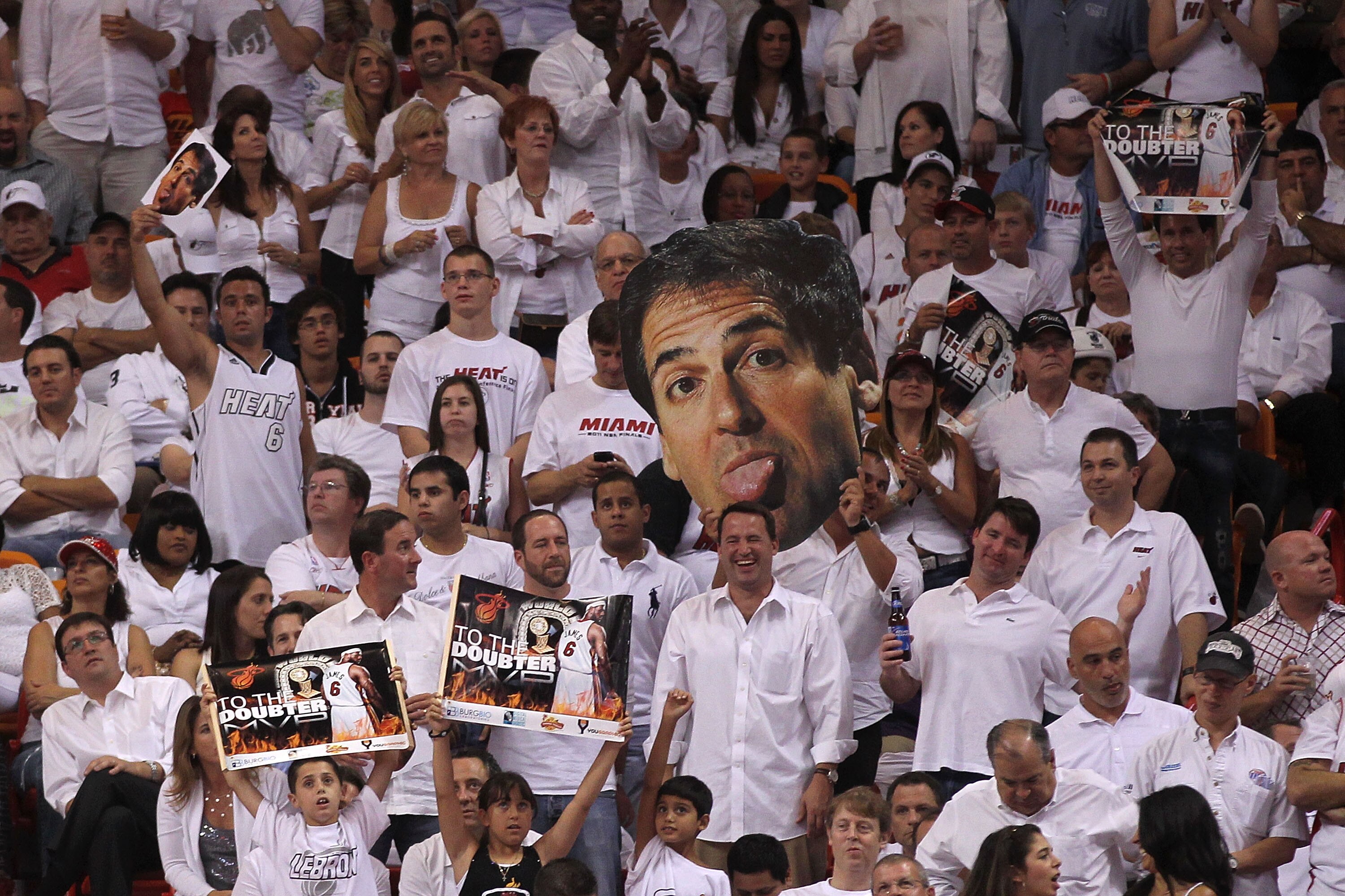 MIAMI, FL - JUNE 02:  Fans of the Miami Heat hold up a giant head with the likeness of team owner Mark CUban of the Dallas Mavericks in Game Two of the 2011 NBA Finals at American Airlines Arena on June 2, 2011 in Miami, Florida. NOTE TO USER: User expres