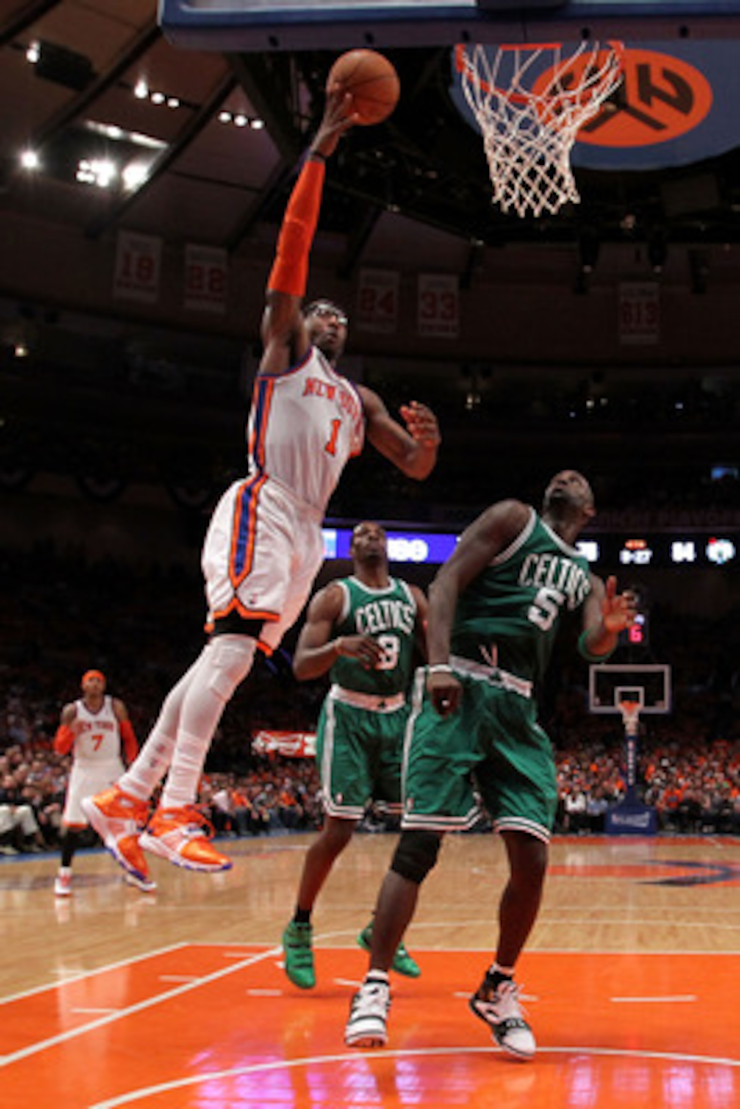 NEW YORK, NY - APRIL 24:  Amar'e Stoudemire #1 of the New York Knicks attempts a shot against Kevin Garnett #5 of the Boston Celtics in Game Four of the Eastern Conference Quarterfinals during the 2011 NBA Playoffs on April 24, 2011 at Madison Square Gard