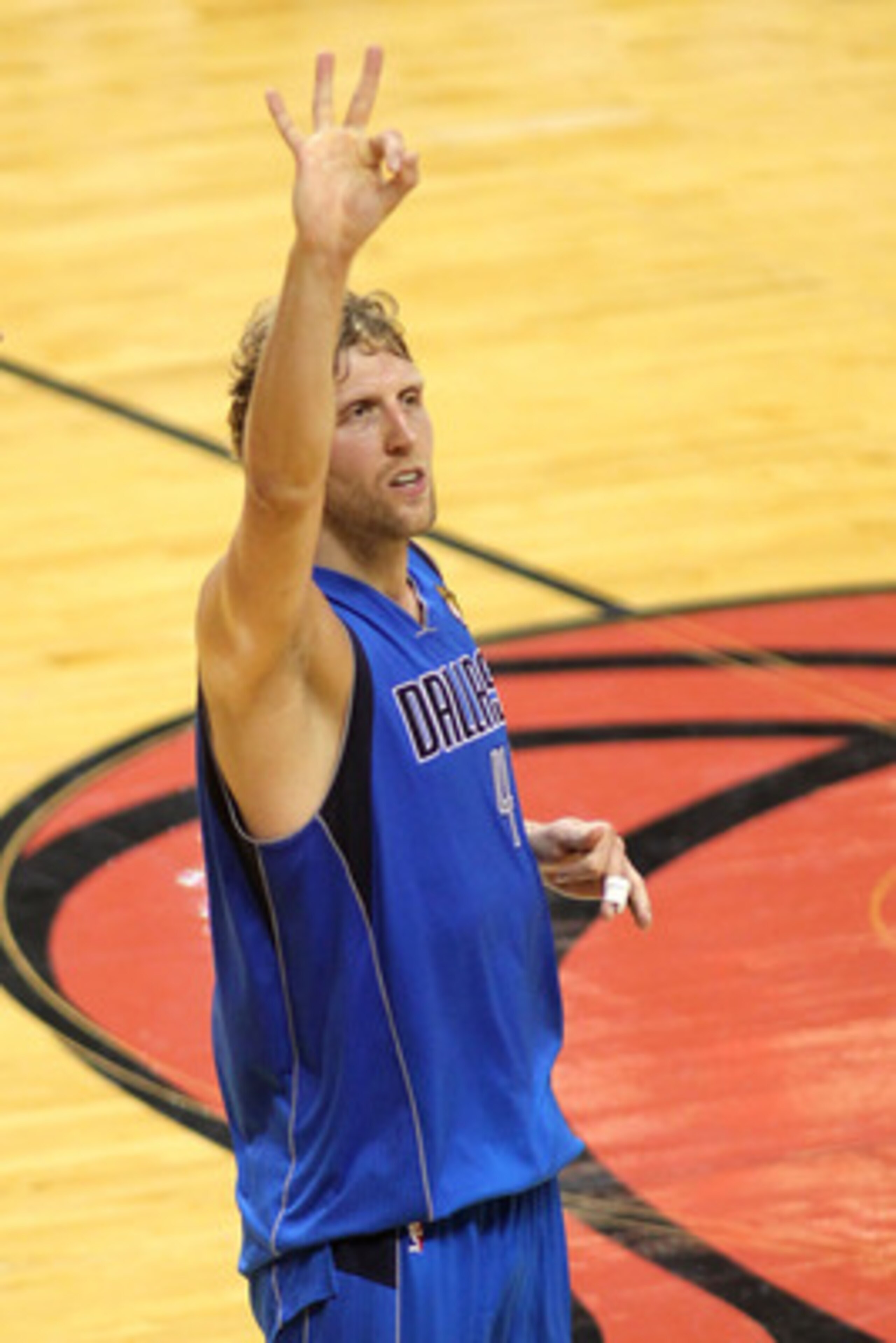 MIAMI, FL - JUNE 02:  Dirk Nowitzki #41 of the Dallas Mavericks celebrates after he made a 3-point shot in the final minute of the fourth quarter to put the Mavericks up 93-90 against the Miami Heat in Game Two of the 2011 NBA Finals at American Airlines 