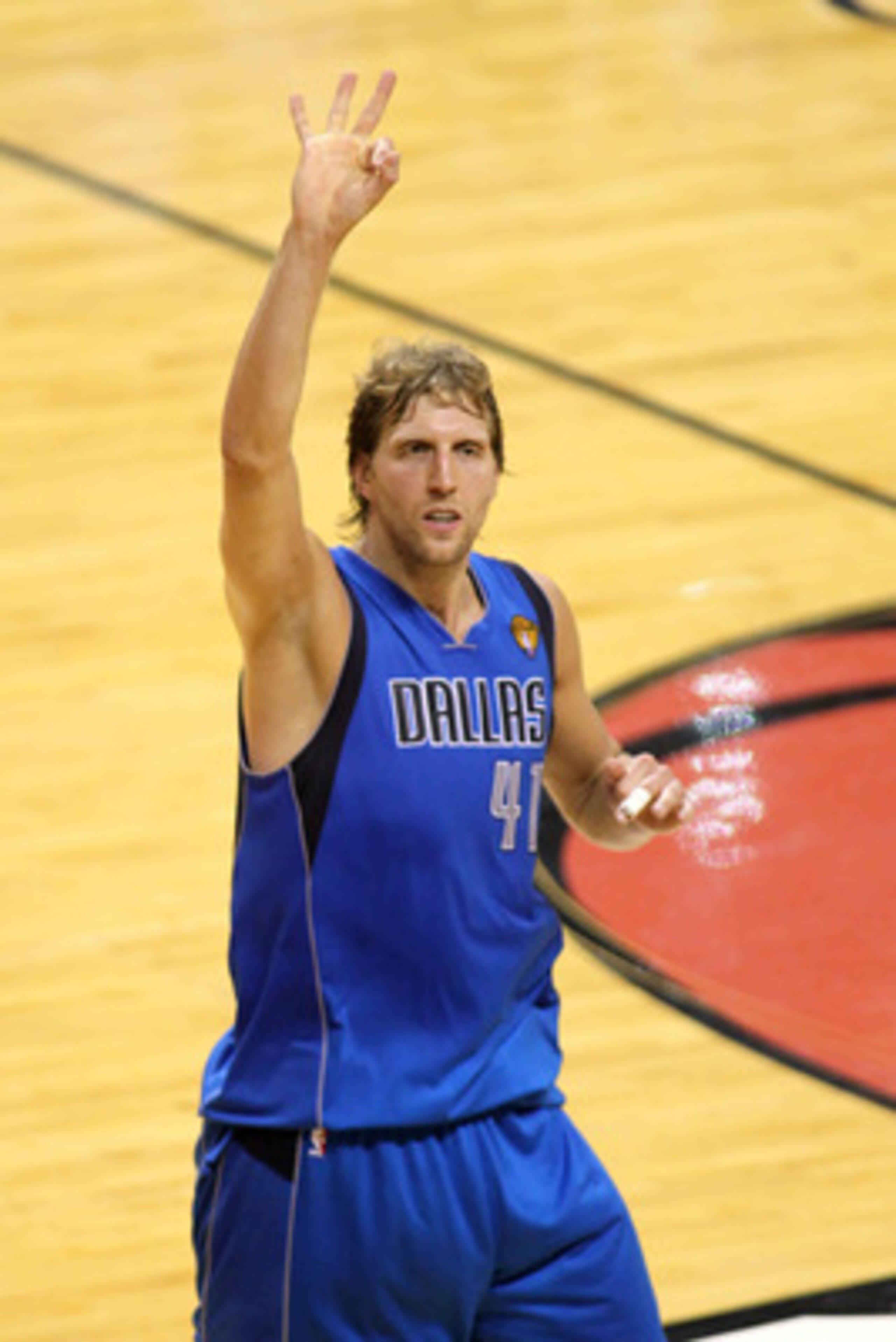 MIAMI, FL - JUNE 02:  Dirk Nowitzki #41 of the Dallas Mavericks celebrates after he made a 3-point shot in the final minute of the fourth quarter to put the Mavericks up 93-90 against the Miami Heat in Game Two of the 2011 NBA Finals at American Airlines
