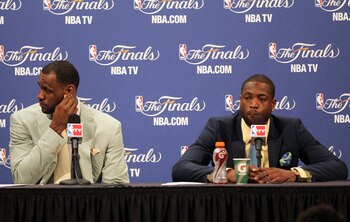 MIAMI, FL - JUNE 02: (L-R) LeBron James #6 and Dwyane Wade #3 of the Miami Heat answers questions from the media during a post game press conference after they the Heat lost 95-93 against the Dallas Mavericks in Game Two of the 2011 NBA Finals at America MIAMI, FL - JUNE 02: (L-R) LeBron James #6 and Dwyane Wade #3 of the Miami Heat answers questions from the media during a post game press conference after they the Heat lost 95-93 against the Dallas Mavericks in Game Two of the 2011 NBA Finals at America