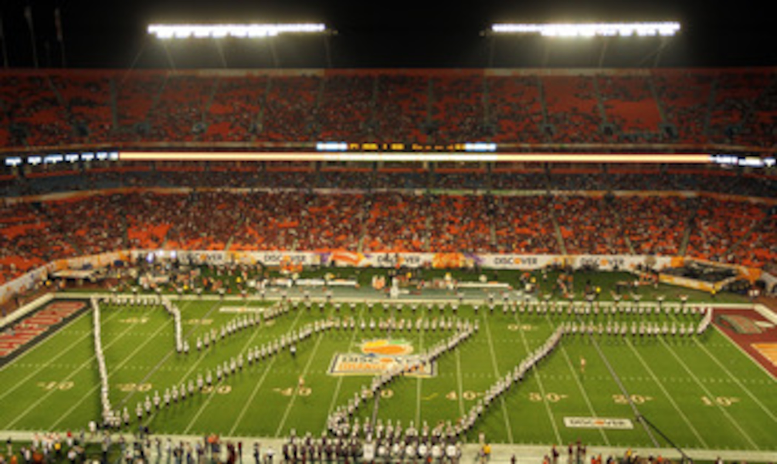 MIAMI, FL - JANUARY 03: The Virginia Tech Hokies marching band performs prior to the Hokies playing against the Stanford Cardinal during the 2011 Discover Orange Bowl at Sun Life Stadium on January 3, 2011 in Miami, Florida. (Photo by Mike Ehrmann/Getty MIAMI, FL - JANUARY 03: The Virginia Tech Hokies marching band performs prior to the Hokies playing against the Stanford Cardinal during the 2011 Discover Orange Bowl at Sun Life Stadium on January 3, 2011 in Miami, Florida. (Photo by Mike Ehrmann/Getty