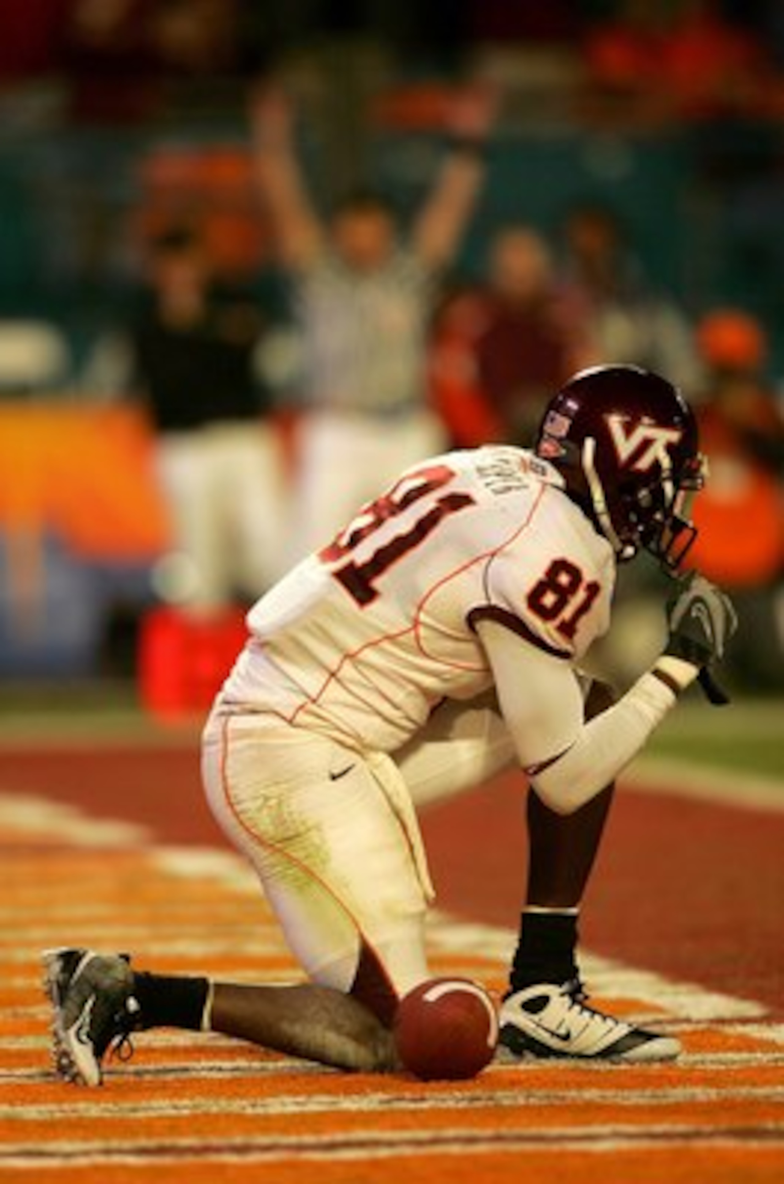 MIAMI - JANUARY 03: Justin Harper #81 of the Virginia Tech Hokies celebrates his touchdown in the endzone against the Kansas Jayhawks during the FedEx Orange Bowl at Dolphin Stadium on January 3, 2008 in Miami, Florida. (Photo by Matthew Stockman/Getty MIAMI - JANUARY 03: Justin Harper #81 of the Virginia Tech Hokies celebrates his touchdown in the endzone against the Kansas Jayhawks during the FedEx Orange Bowl at Dolphin Stadium on January 3, 2008 in Miami, Florida. (Photo by Matthew Stockman/Getty