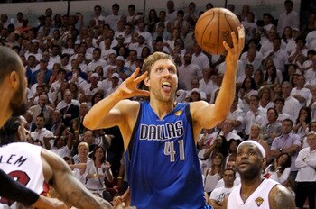 MIAMI, FL - JUNE 02:  Dirk Nowitzki #41 of the Dallas Mavericks makes the game-winning shot to put the Mavericks up 95-93 with 3.6 seconds left in the game against Udonis Haslem #40 of the Miami Heat in Game Two of the 2011 NBA Finals at American Airlines