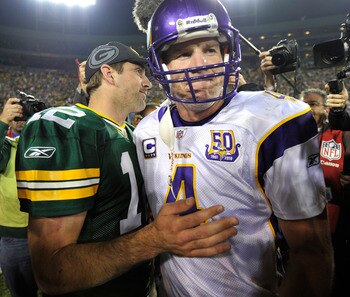 GREEN BAY, WI - OCTOBER 24: Aaron Rodgers #12 of the Green Bay Packers meets with Brett Favre #4 of the Minnesota Vikings after the Packers defeated the Vikings 28-24 at Lambeau Field on October 24, 2010 in Green Bay, Wisconsin. (Photo by Jim Prisching/Ge