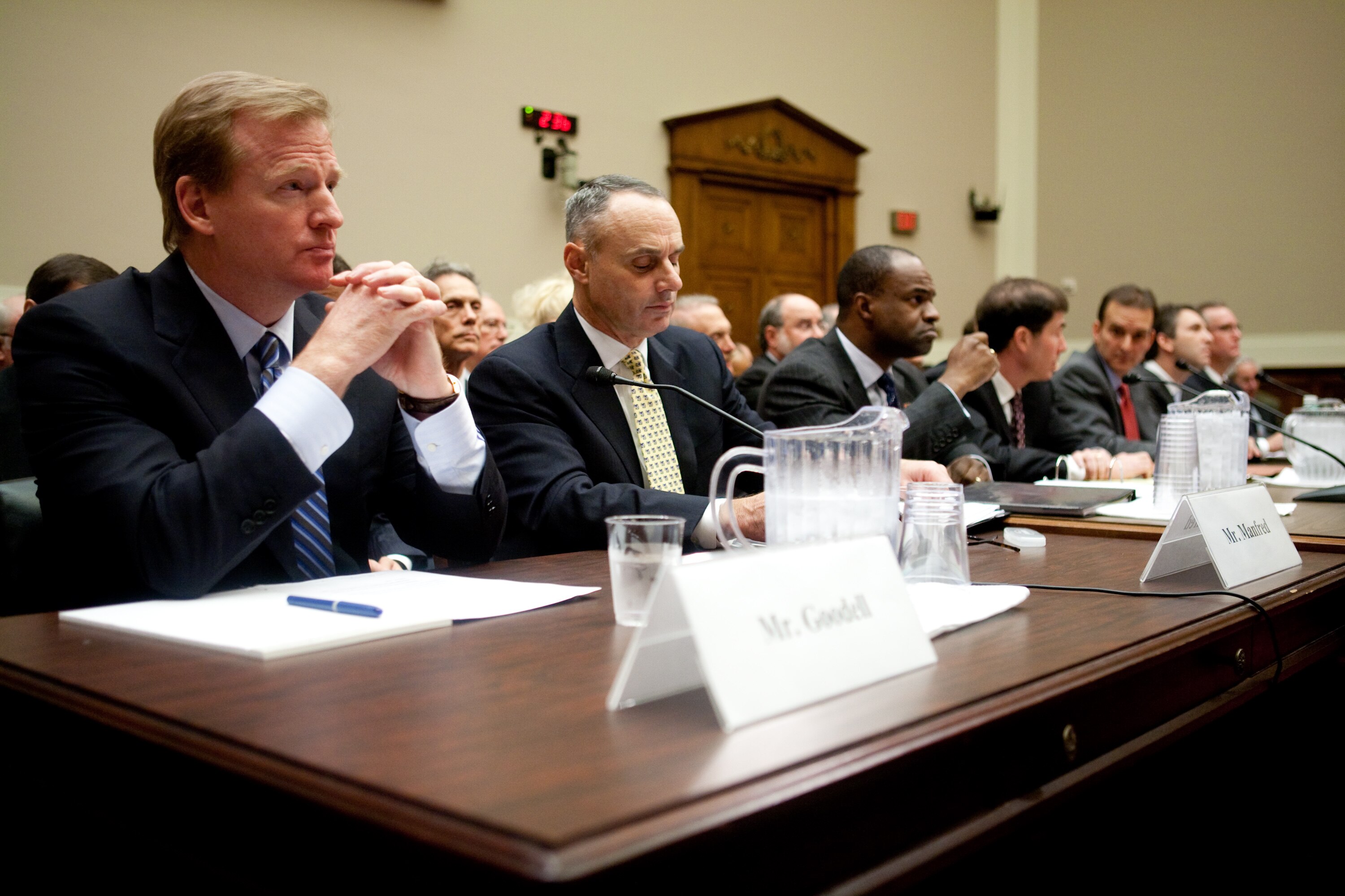 WASHINGTON - NOVEMBER 03: National Football League Commissioner Roger Goodell, Rob Manfred, executive vice president of labor and human resources in the Office of the Commissioner of Baseball, Major League Baseball, NFL Players Association Executive Direc