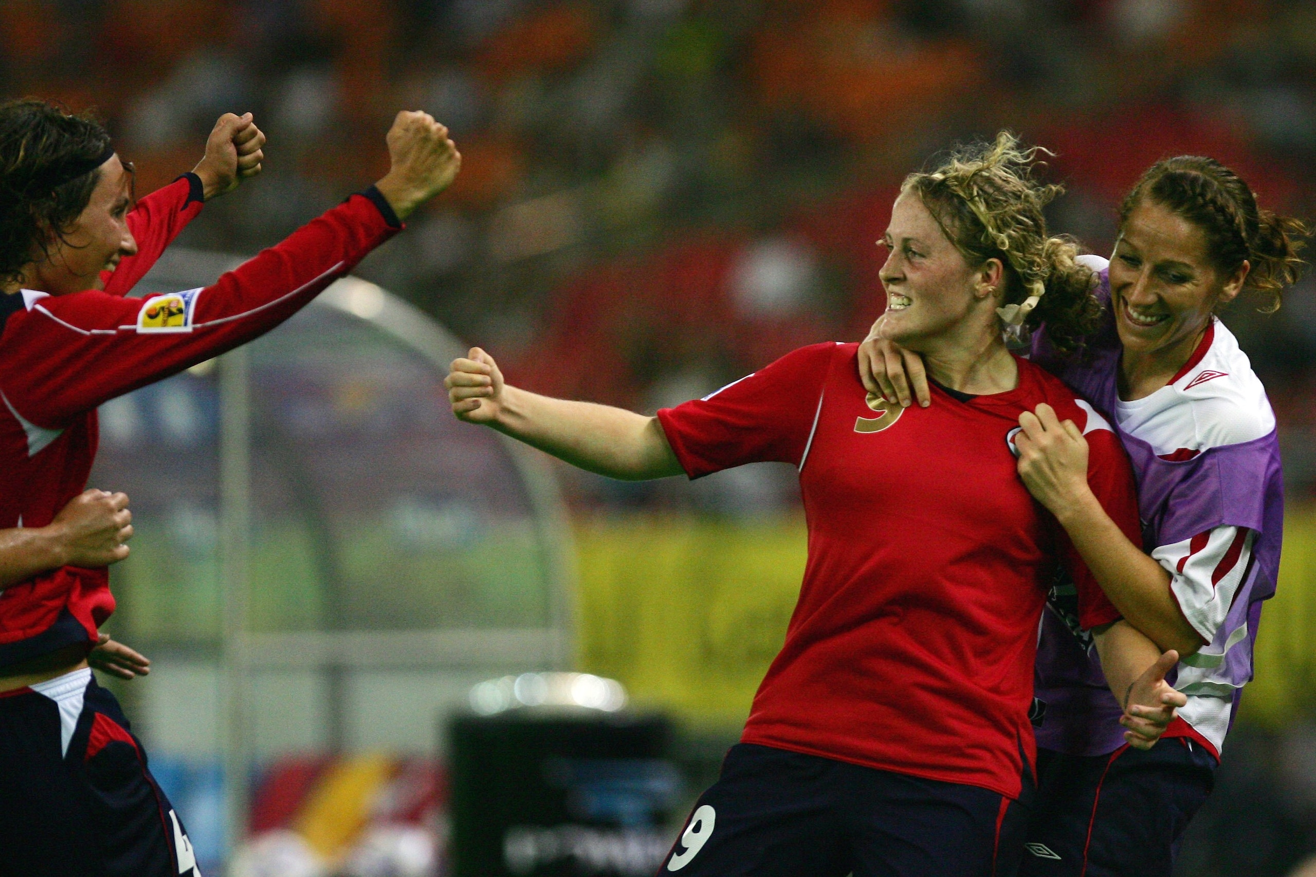HANGZHOU, ZHEJIANG - SEPTEMBER 20:  Isabell Herlovsen (R 9#) of Norway celebrates a goal with her teammates during the FIFA Women's World Cup 2007 Group C match between Norway and Ghana at Hangzhou Dragon Stadium on September 20, 2007 in Hangzhou, Zhejian