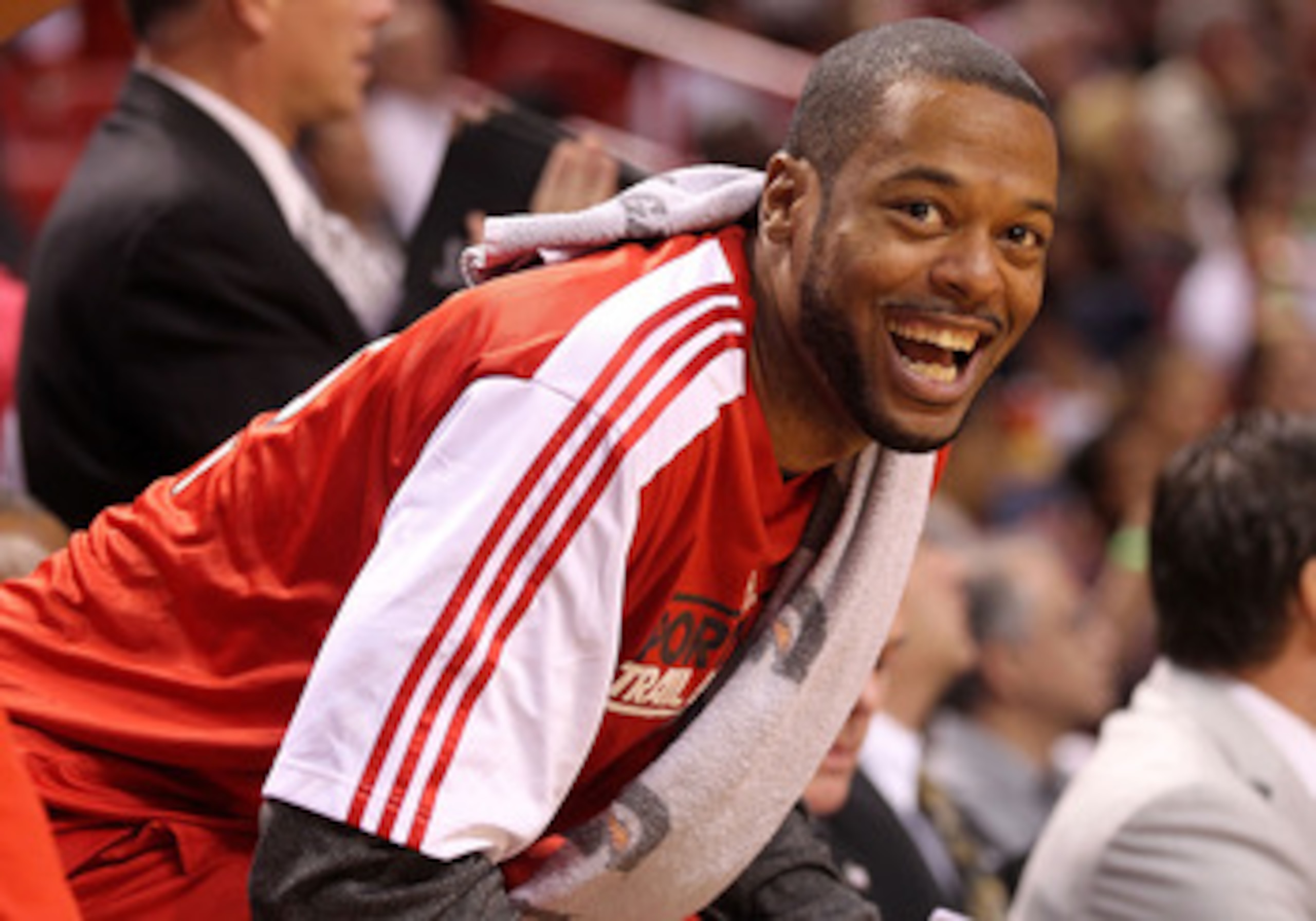 MIAMI, FL - MARCH 08:  Marcus Camby #23 of the Portland Trail Blazers smiles after winning a game against the Miami Heat at American Airlines Arena on March 8, 2011 in Miami, Florida. NOTE TO USER: User expressly acknowledges and agrees that, by downloadi