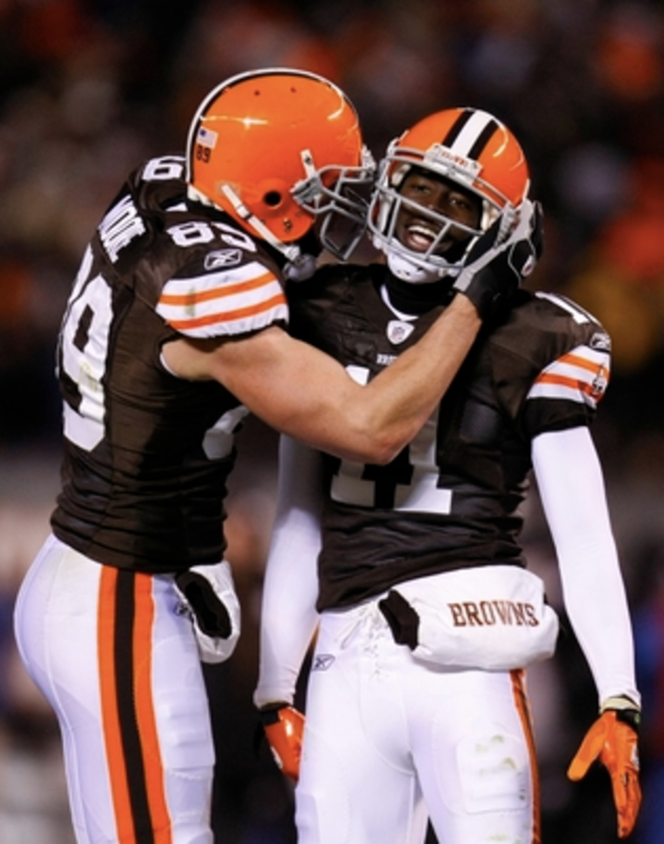 CLEVELAND - DECEMBER 10: Evan Moore #89 and Mohamed Massaquoi #11 of the Cleveland Browns celebrate after a catch against the Pittsburgh Steelers at Cleveland Browns Stadium on December 10, 2009 in Cleveland, Ohio. (Photo by Gregory Shamus/Getty Images)