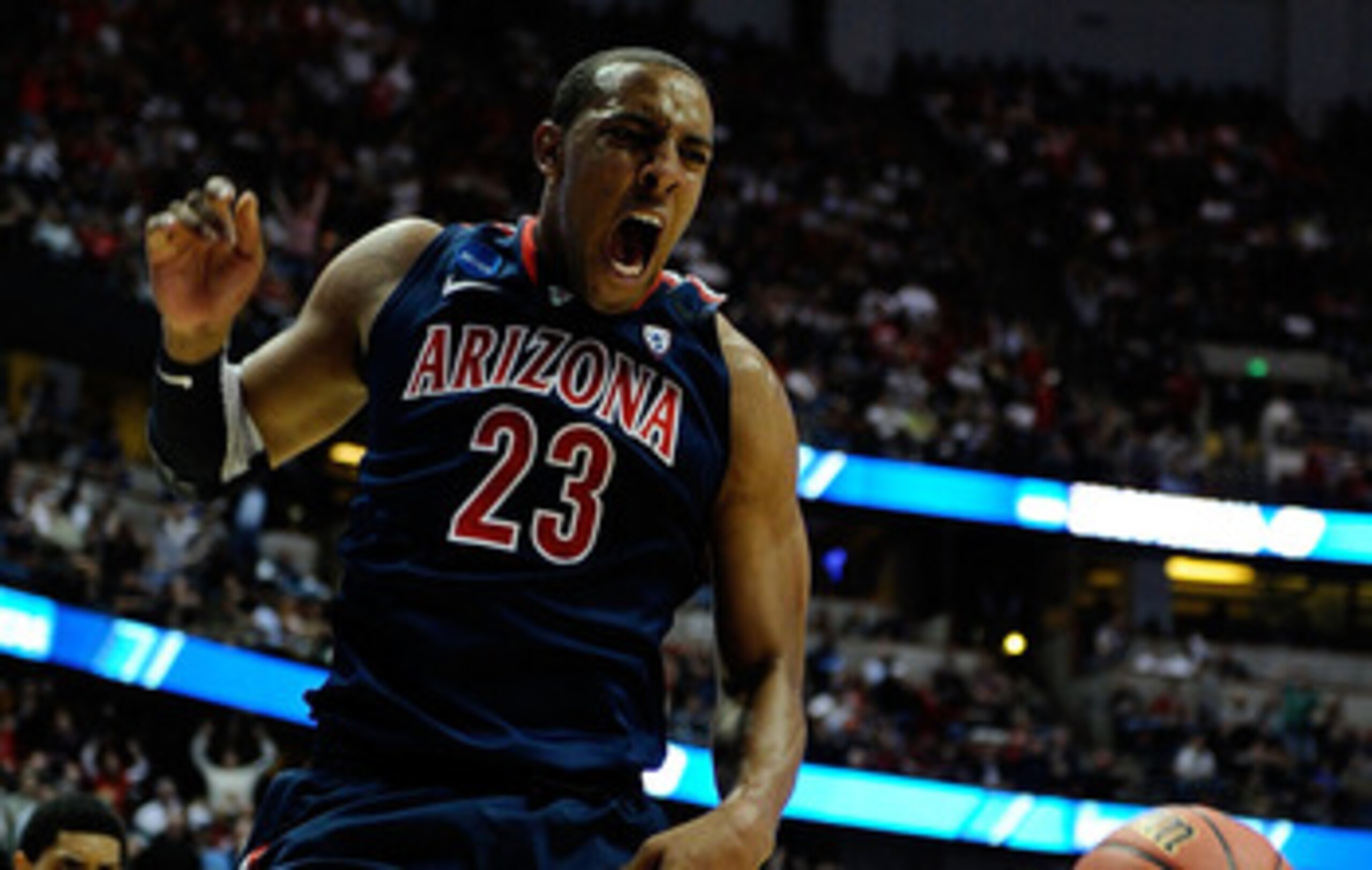 ANAHEIM, CA - MARCH 26:  Derrick Williams #23 of the Arizona Wildcats reacts after a dunk against of the Connecticut Huskies during the west regional final of the 2011 NCAA men's basketball tournament at the Honda Center on March 26, 2011 in Anaheim, Cali