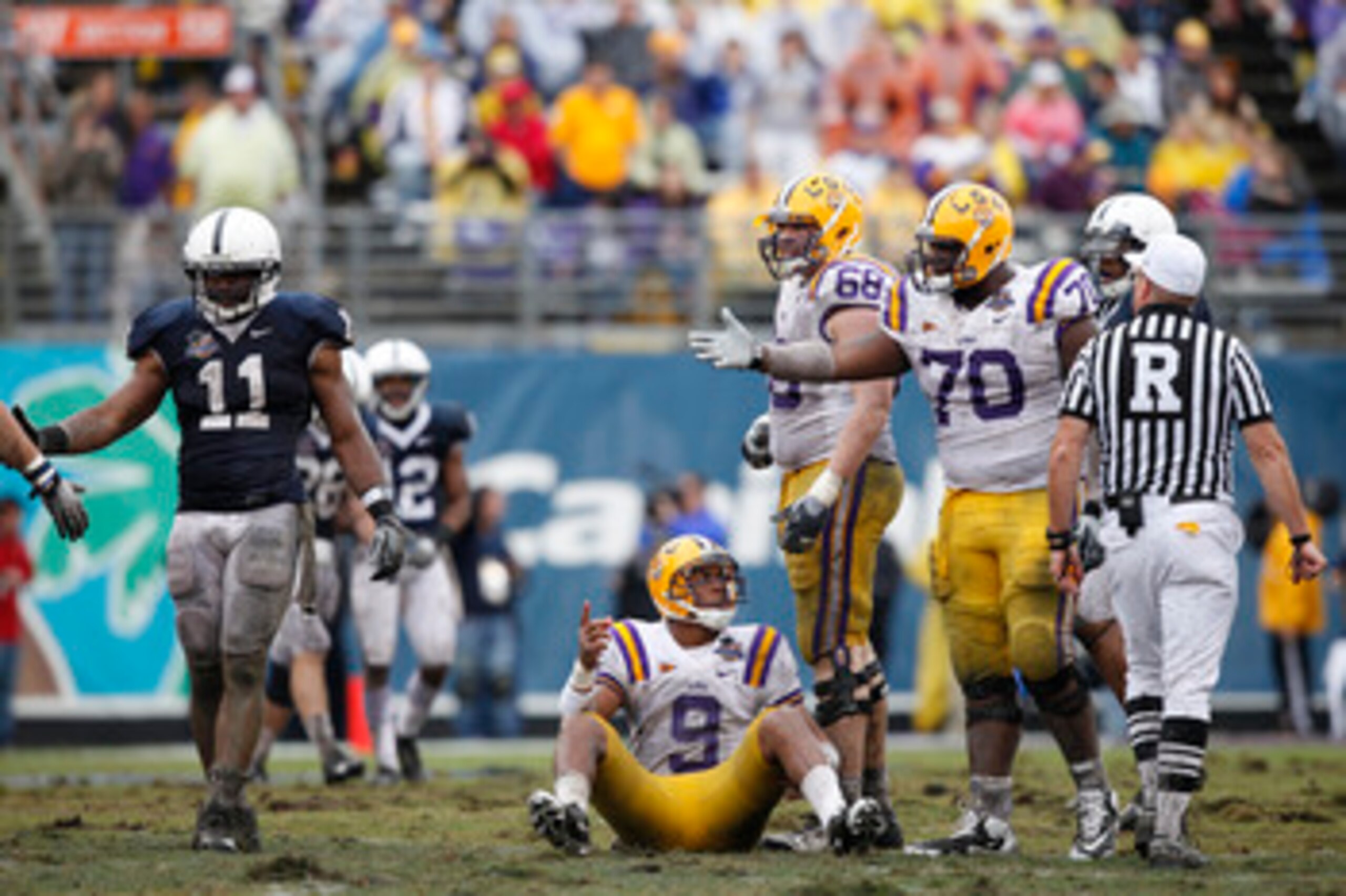 ORLANDO, FL - JANUARY 1: Jordan Jefferson #9 of the LSU Tigers lobbies for a late hit after being hit by Navorro Bowman #11 of the Penn State Nittany Lions during the 2010 Capital One Bowl at the Florida Citrus Bowl Stadium on January 1, 2010 in Orlando,