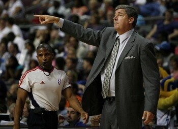 AUBURN HILLS, MI - SEPTEMBER 05:  Bill Laimbeer head coach of the Detroit Shock points out something to his players during Game One of the WNBA Finals against the Phoenix Mercury at the Palace of Auburn Hills on September 5, 2007 in Auburn Hills, Michigan