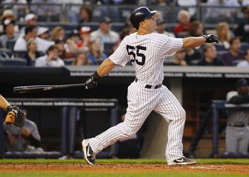 NEW YORK - MAY 21:  Russell Martin #55 of the New York Yankees watches his two run home run in the bottom of the second inning against the New York Mets on May 21, 2011 at Yankee Stadium in the Bronx borough of New York City.  (Photo by Mike Stobe/Getty I