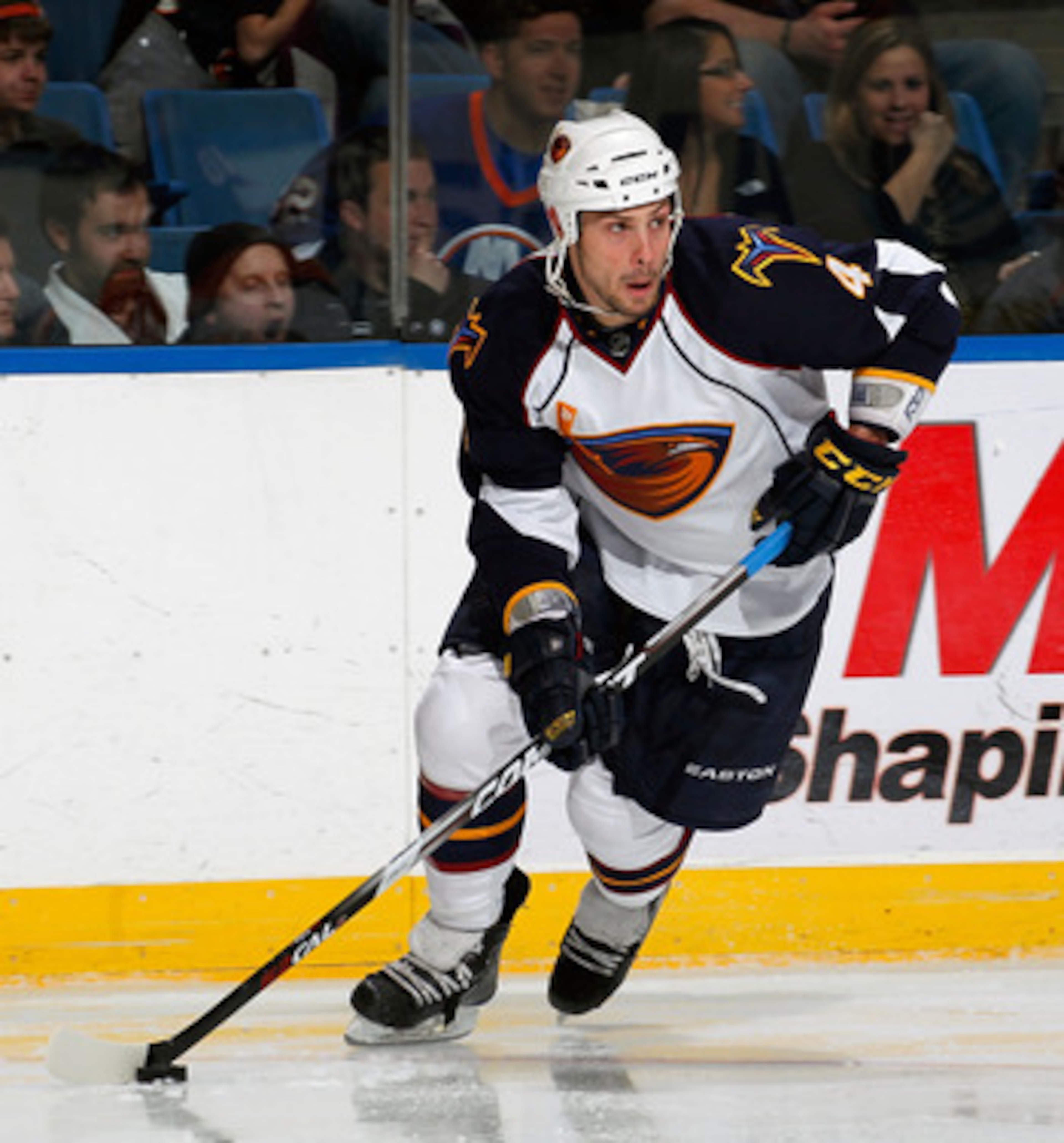 UNIONDALE, NY - MARCH 24:  Zach Bogosian #4 of the Atlanta Thrashers skates during an NHL hockey game against the New York Islanders at the Nassau Coliseum on March 24, 2011 in Uniondale, New York.  (Photo by Paul Bereswill/Getty Images)