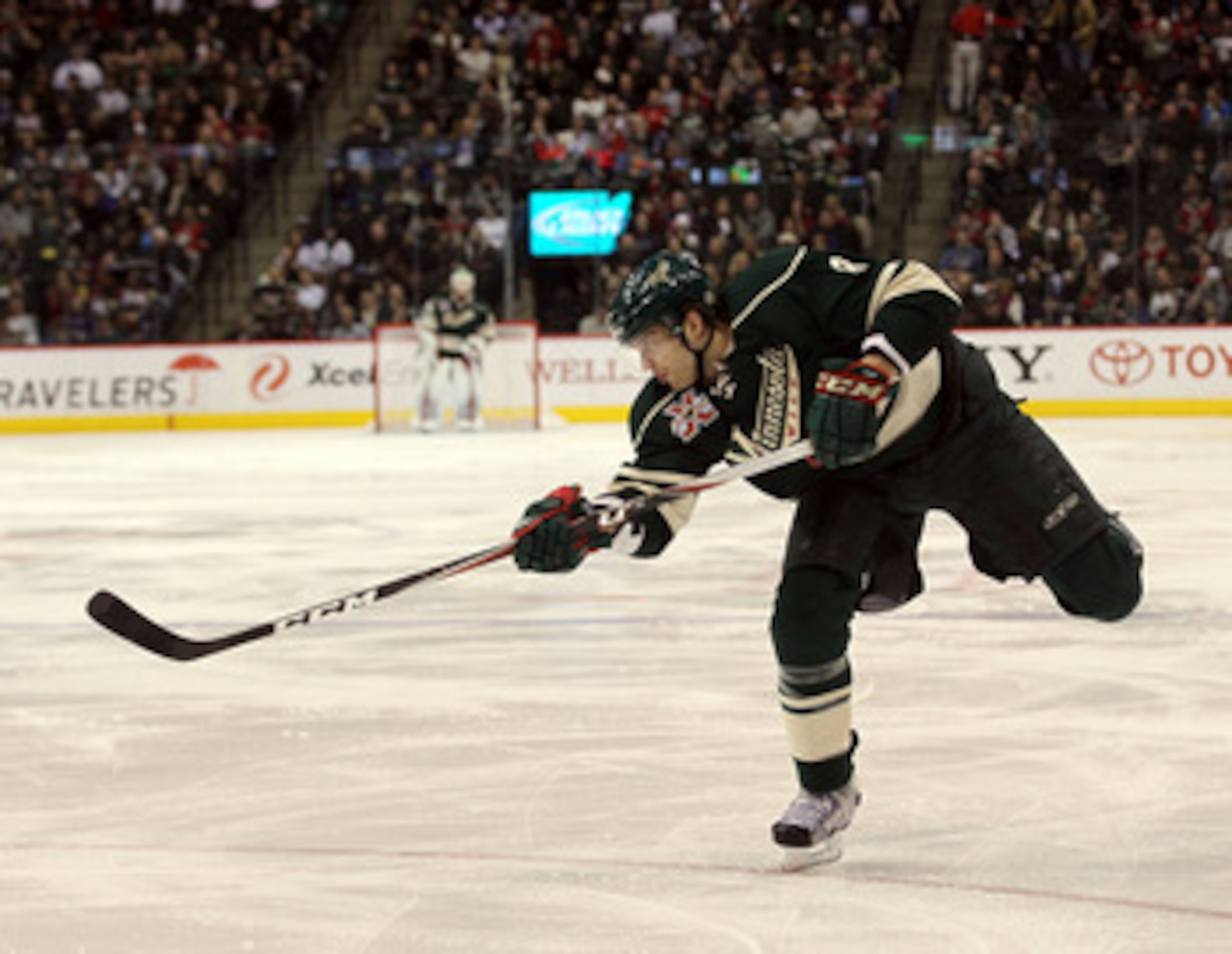 ST PAUL, MN - MARCH 22:  Brent Burns #8 of the Minnesota Wild skates against the Toronto Maple Leafs at the Xcel Energy Center on March 22, 2011 in St Paul, Minnesota.  (Photo by Bruce Bennett/Getty Images)