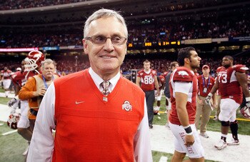 NEW ORLEANS, LA - JANUARY 04:  Head coach Jim Tressel of the Ohio State Buckeyes smiles after the Buckeyes 31-26 victory against the Arkansas Razorbacks during the Allstate Sugar Bowl at the Louisiana Superdome on January 4, 2011 in New Orleans, Louisiana