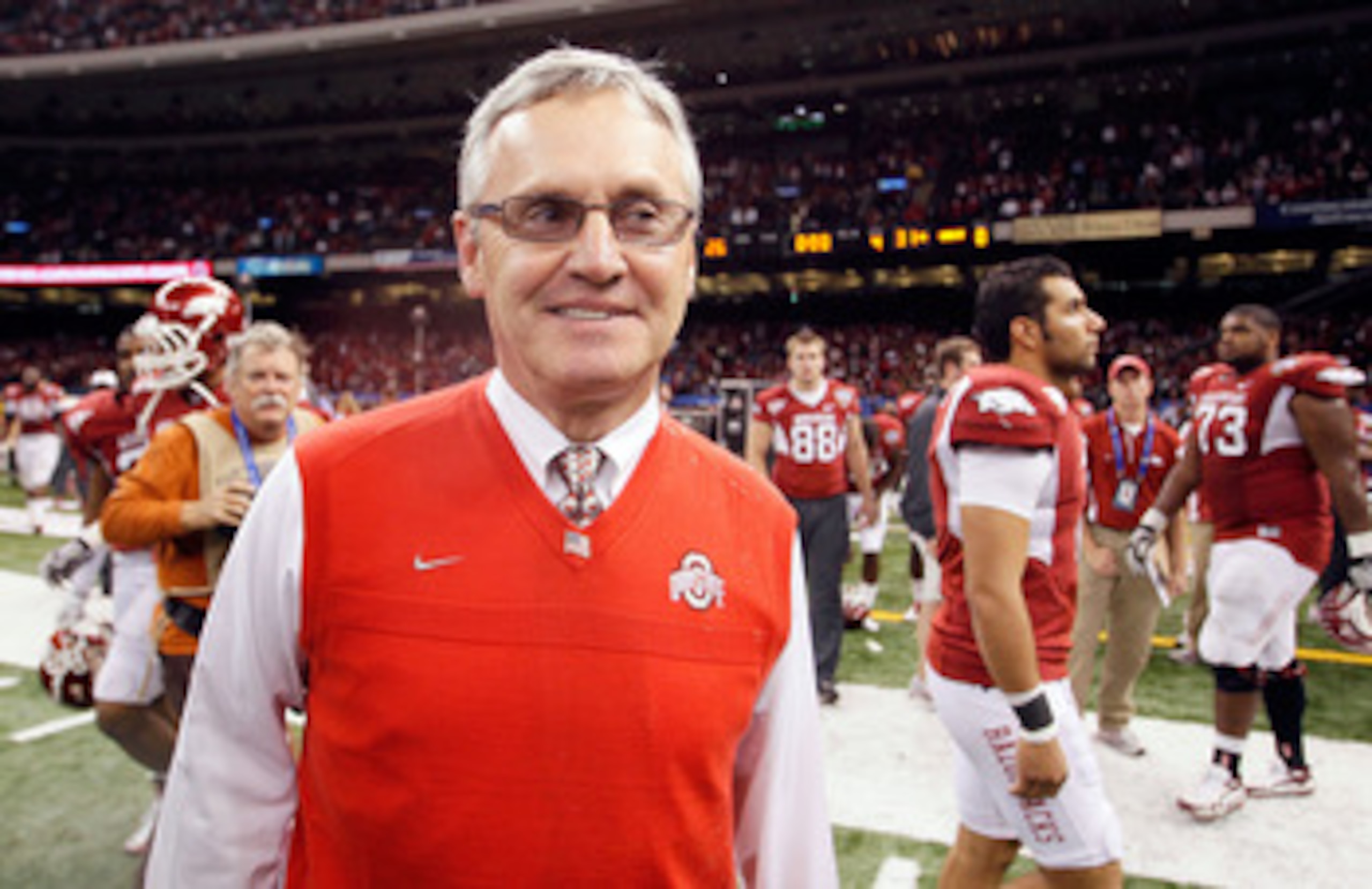 NEW ORLEANS, LA - JANUARY 04: Head coach Jim Tressel of the Ohio State Buckeyes smiles after the Buckeyes 31-26 victory against the Arkansas Razorbacks during the Allstate Sugar Bowl at the Louisiana Superdome on January 4, 2011 in New Orleans, Louisiana NEW ORLEANS, LA - JANUARY 04: Head coach Jim Tressel of the Ohio State Buckeyes smiles after the Buckeyes 31-26 victory against the Arkansas Razorbacks during the Allstate Sugar Bowl at the Louisiana Superdome on January 4, 2011 in New Orleans, Louisiana