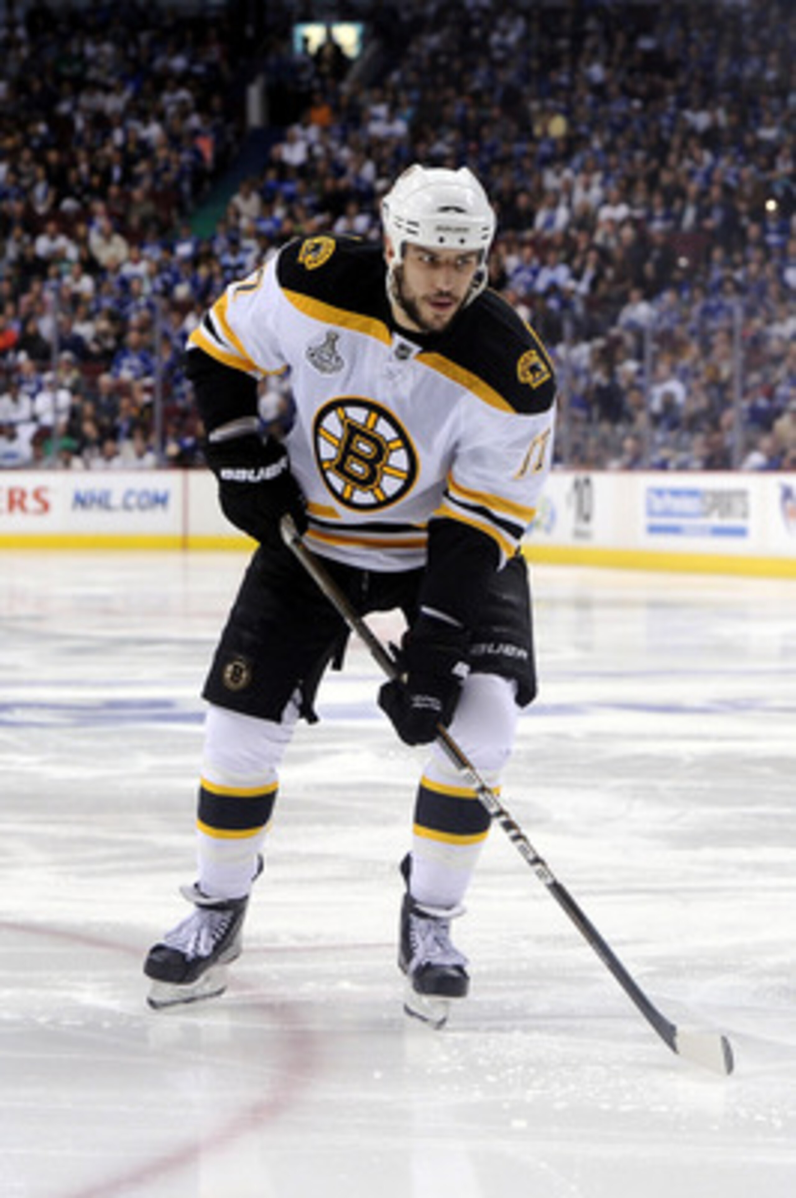 VANCOUVER, BC - JUNE 01:  Milan Lucic #17 of the Boston Bruins skates against the Vancouver Canucks during game one of the 2011 NHL Stanley Cup Finals at Rogers Arena on June 1, 2011 in Vancouver, Canada.  (Photo by Harry How/Getty Images)