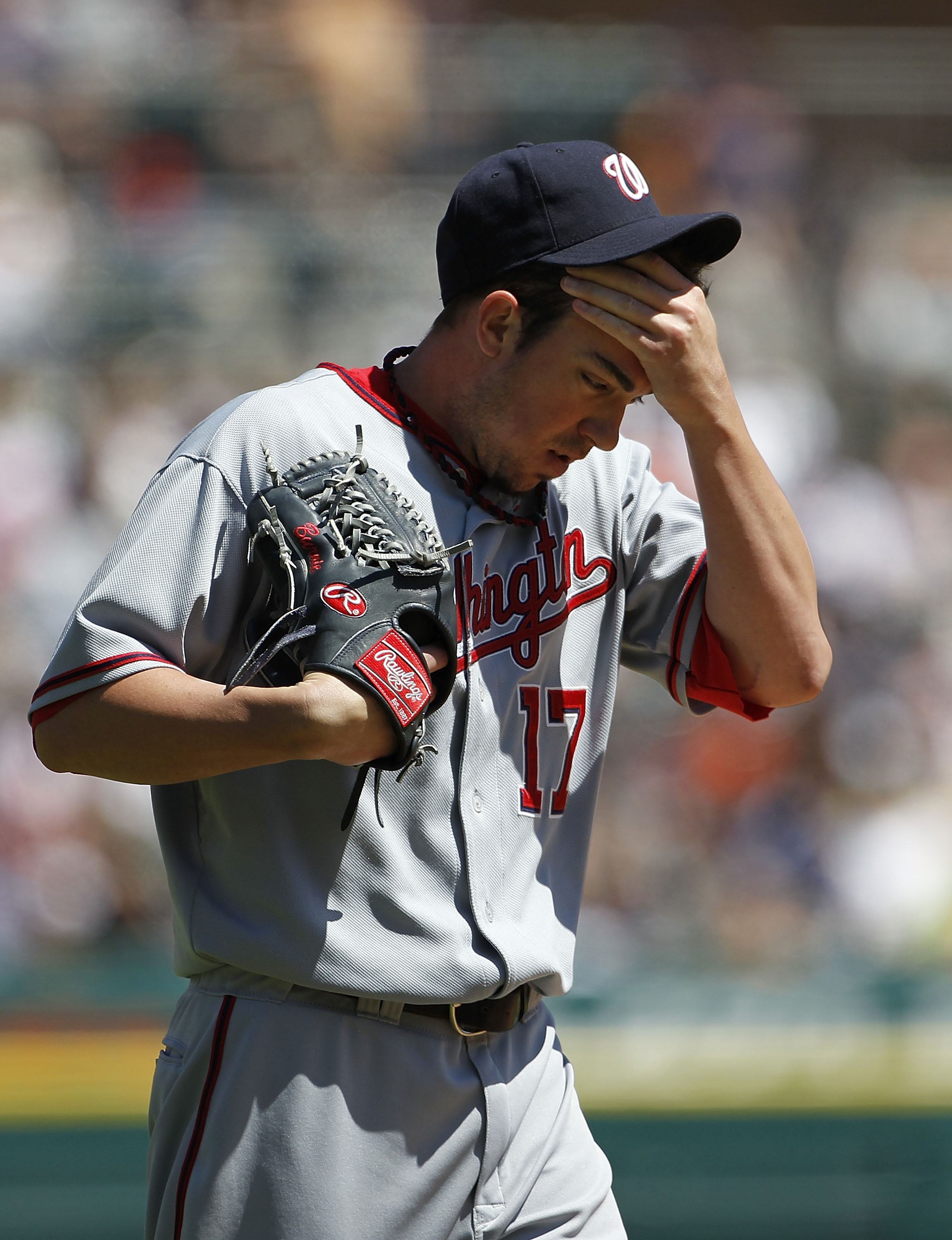 DETROIT - JUNE 17:  Sean Burnett #17 of the Washington Nationals pitches in the seventh during the game against the Detroit Tigers on June 17, 2010 at Comerica Park in Detroit, Michigan. The Tigers defeated the Nationals 8-3.  (Photo by Leon Halip/Getty I