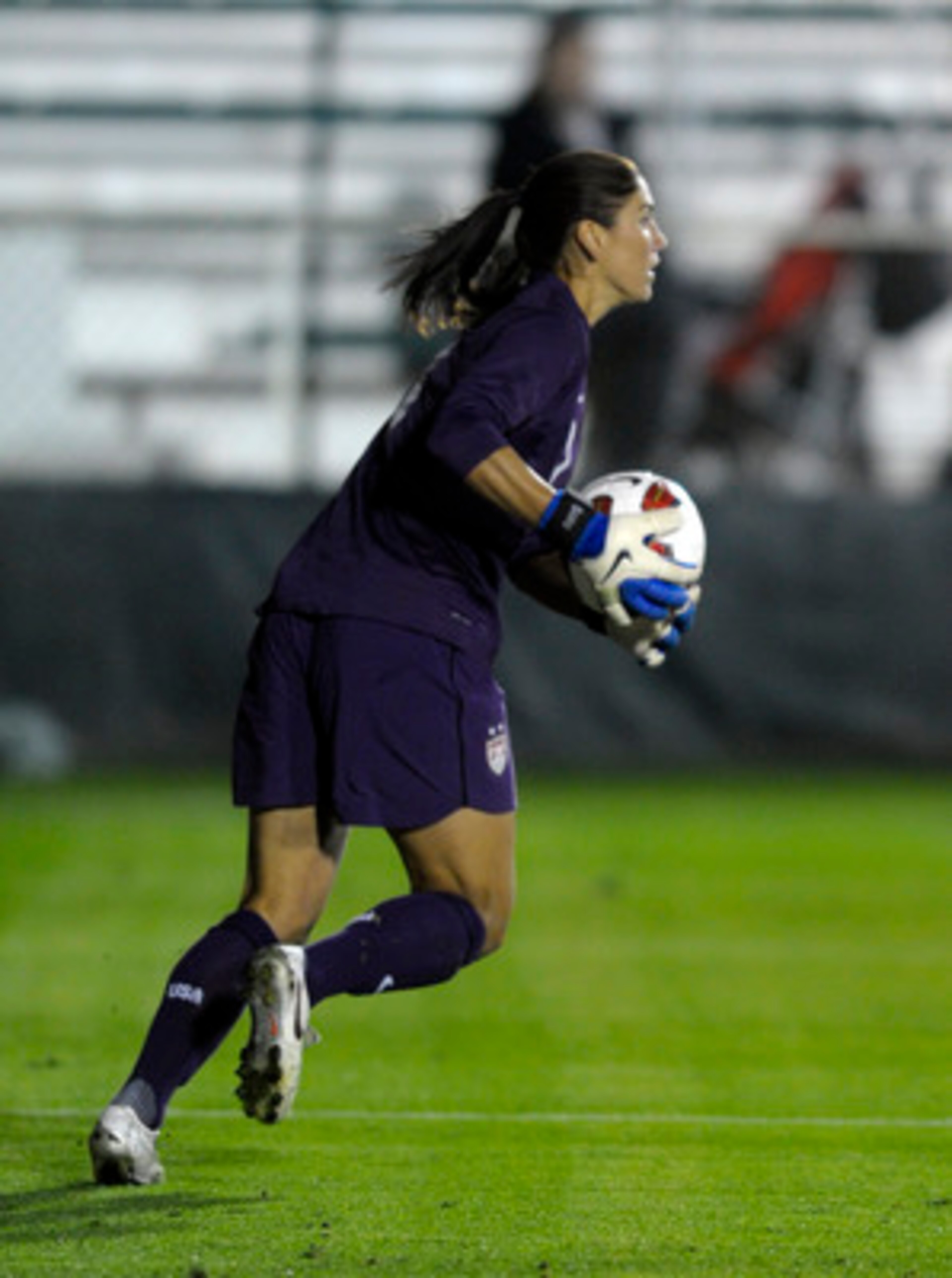 CARY, NC - MAY 18:  Goalie Hope Solo #1 of the United States returns the ball to her team on May 18, 2011at WakeMed Soccer Park in Cary, North Carolina. The United States won 2-0 over Japan. (Photo by Sara D. Davis/Getty Images)